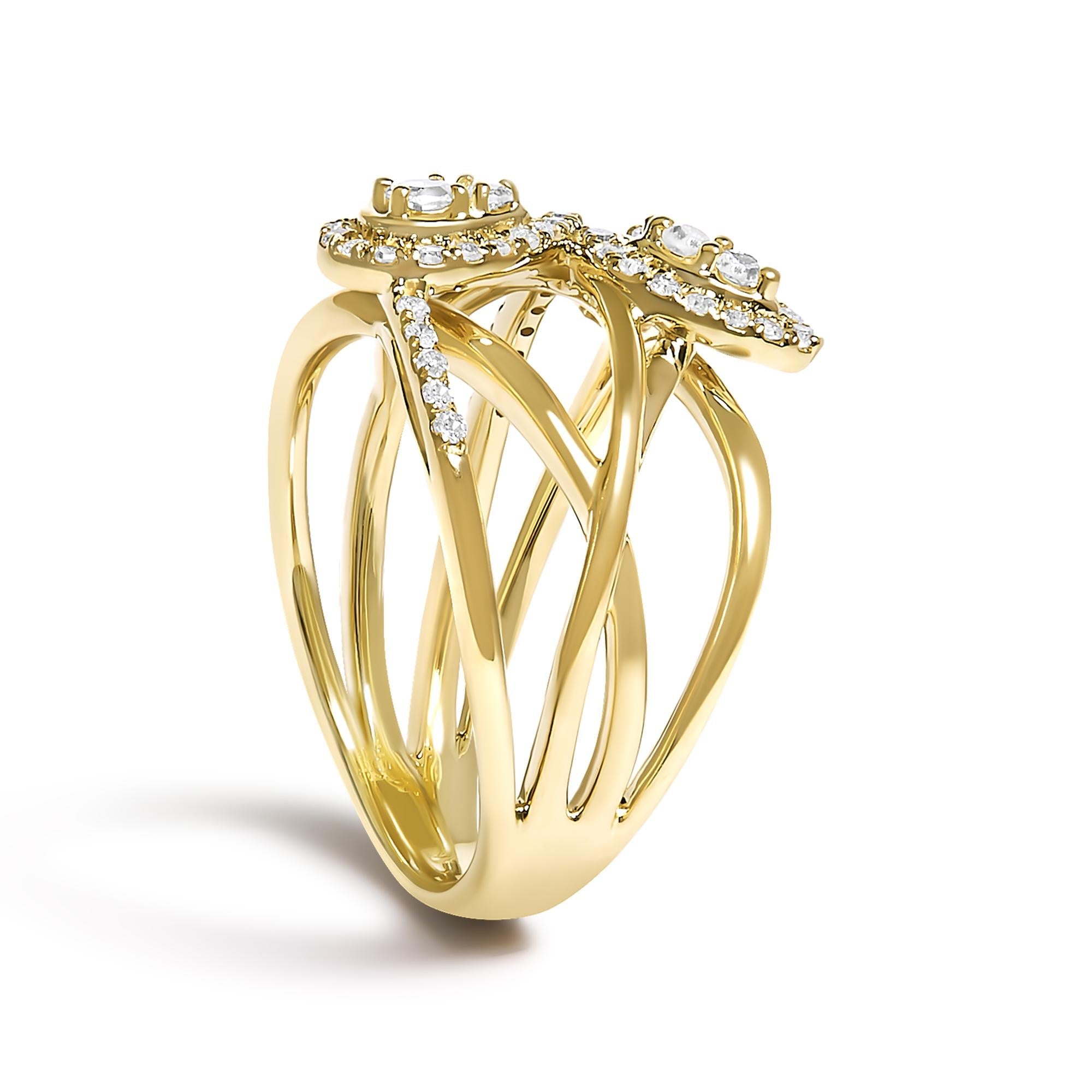10K Yellow Gold 1/2 Cttw Diamond Crossover 3 Leaf Floral Cocktail Ring Band (H-I Color, SI1-SI2 Clarity) - Friggin Jewelry