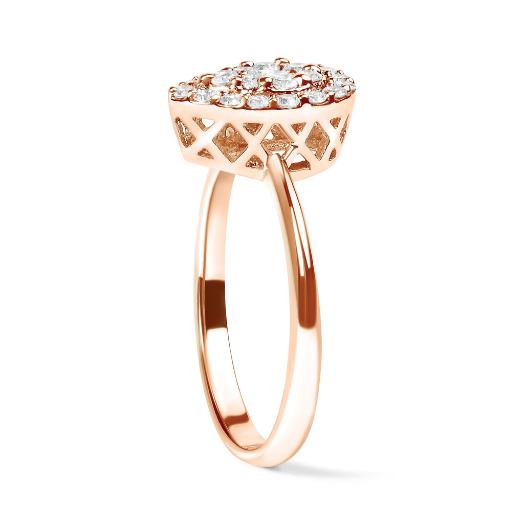 Anello con promessa Halo in oro rosa 10 carati con diamanti compositi da 3/8 carati a forma di pera (colore IJ, purezza I2-I3) - Friggin Jewelry