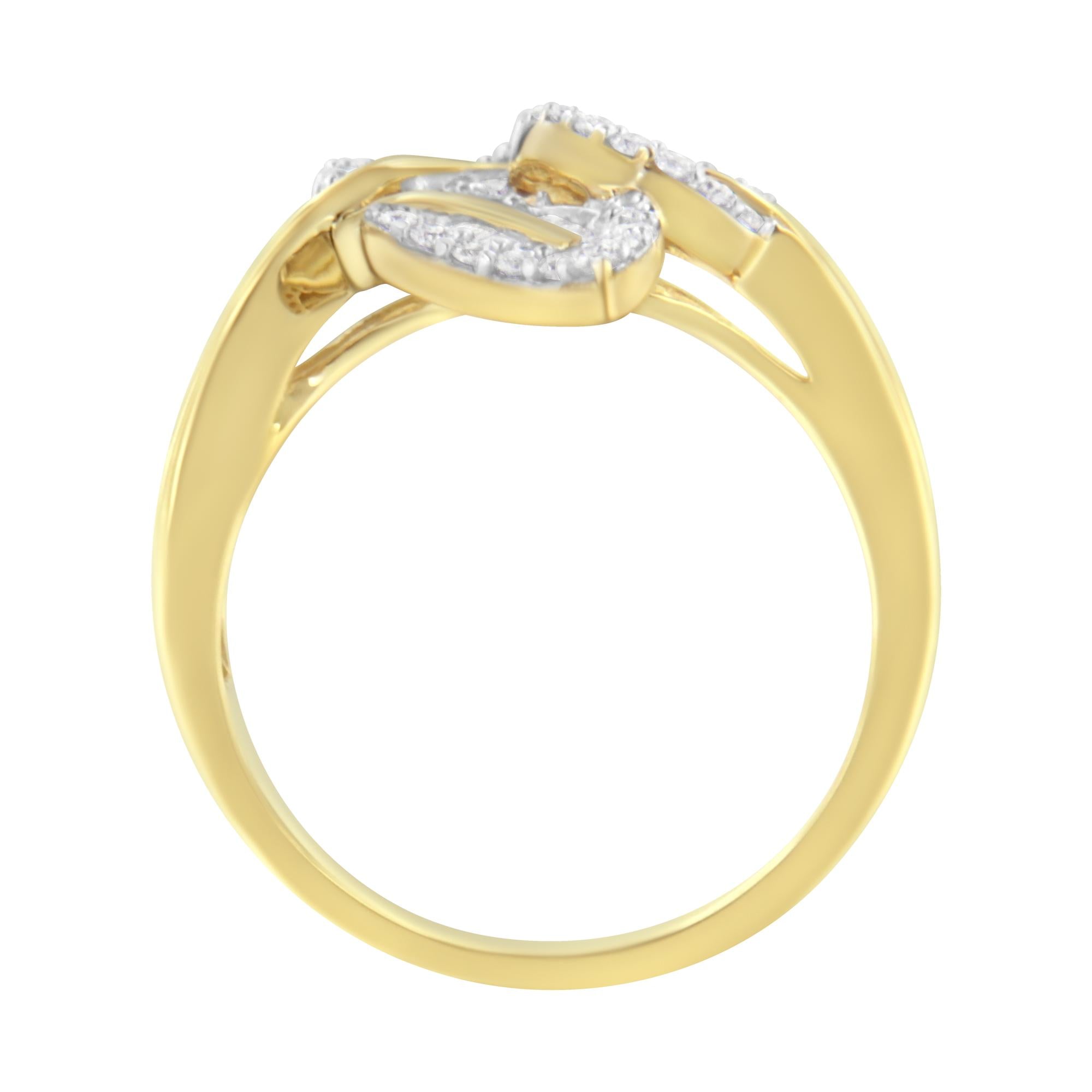 18K Yellow and White Gold Plated .925 Sterling Silver 3/8 Cttw Baguette and Round Diamond Bypass Triple Leaf Ring (I-J Color, I1-I2 Clarity) - Friggin Jewelry