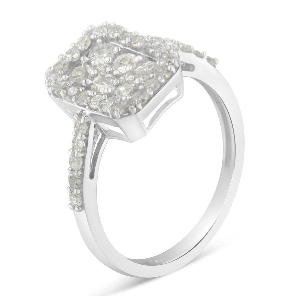 .925 Sterling Silver 1.0 Cttw Diamond Emerald-Shaped Cluster with Halo Cathedral Style Cocktail Ring (I-J Color, I3 Clarity) - Friggin Jewelry