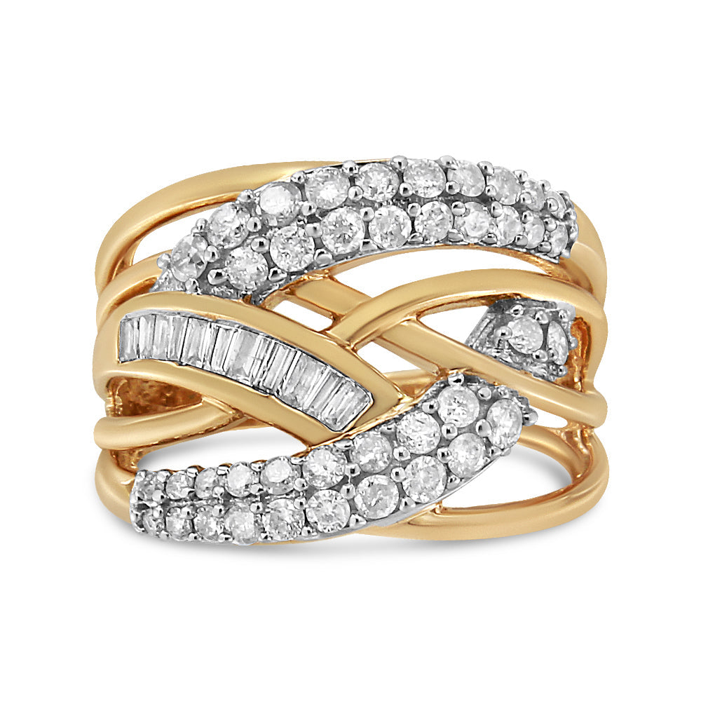 10K Yellow and White Gold 1.0 Cttw Round and Baguette-Cut Diamond Multirow Interwoven Cocktail Ring (I-J Color, I2-I3 Quality) - Friggin Jewelry