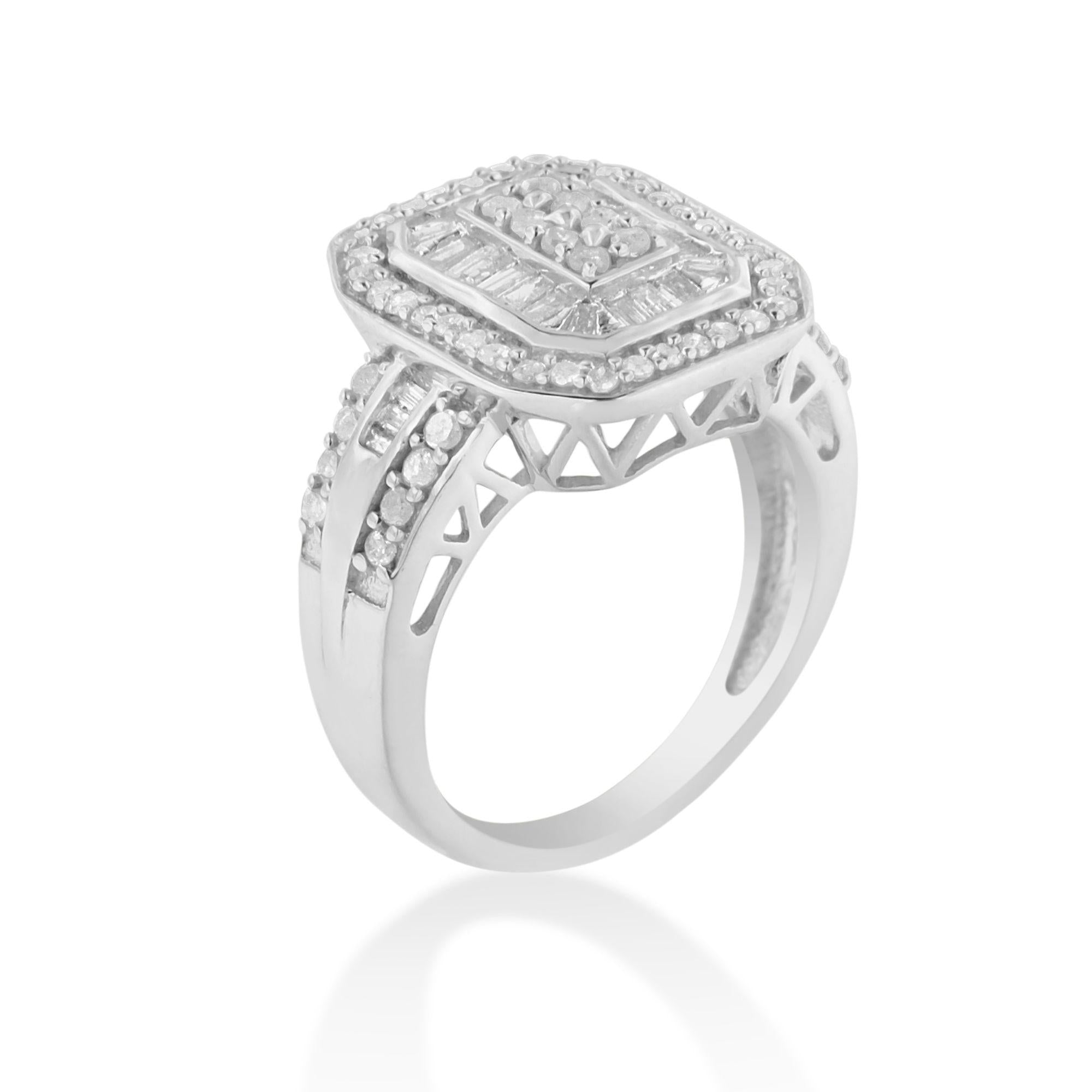 Anillo de cóctel octogonal alargado con diamantes de talla baguette y redondos de 1,0 quilates en plata de ley 925 (color HI, claridad I2-I3) - Friggin Jewelry