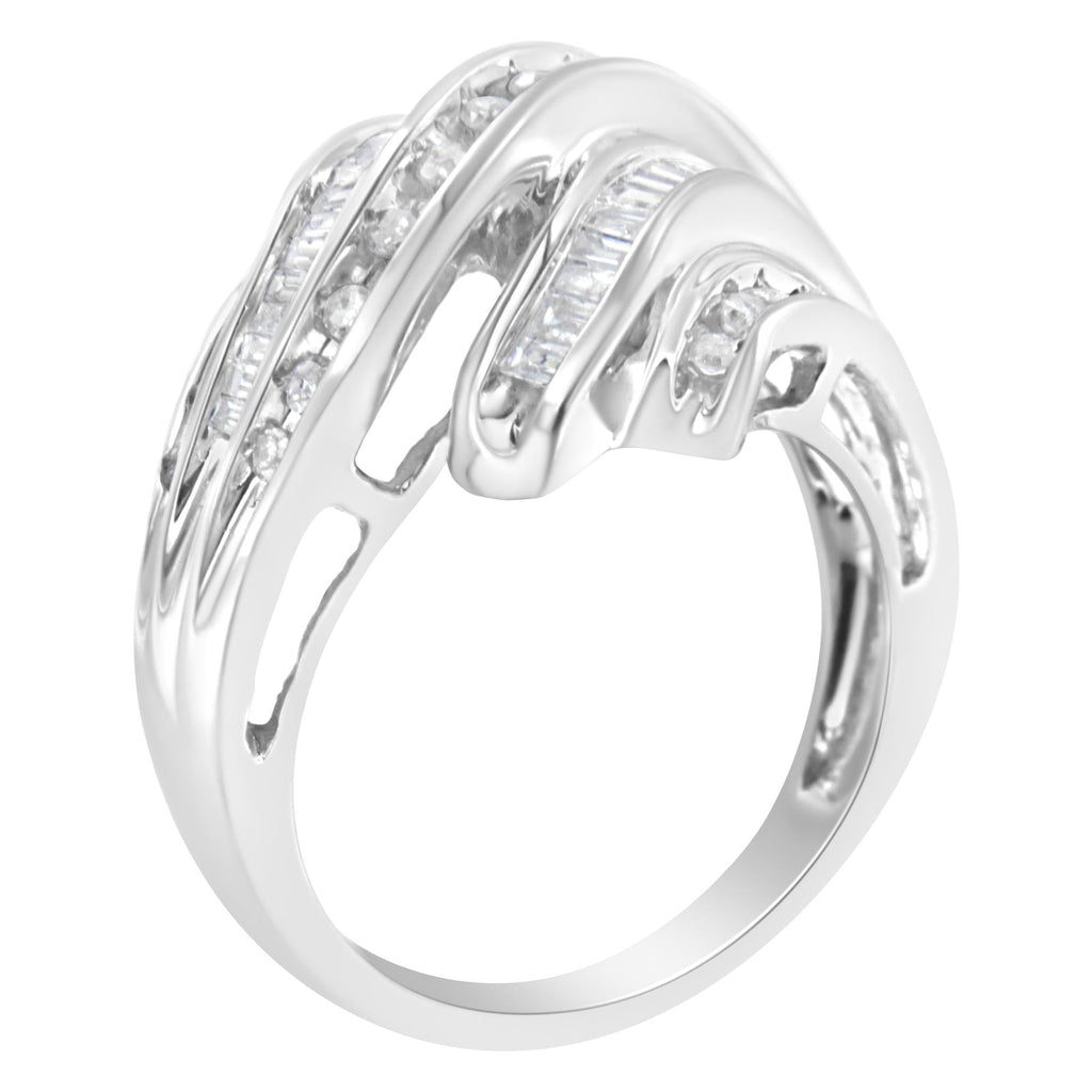Anello in oro bianco 10 carati con diamanti taglio baguette e taglio rotondo (3/4 carati, colore HI, purezza SI2-I1) - Friggin Jewelry