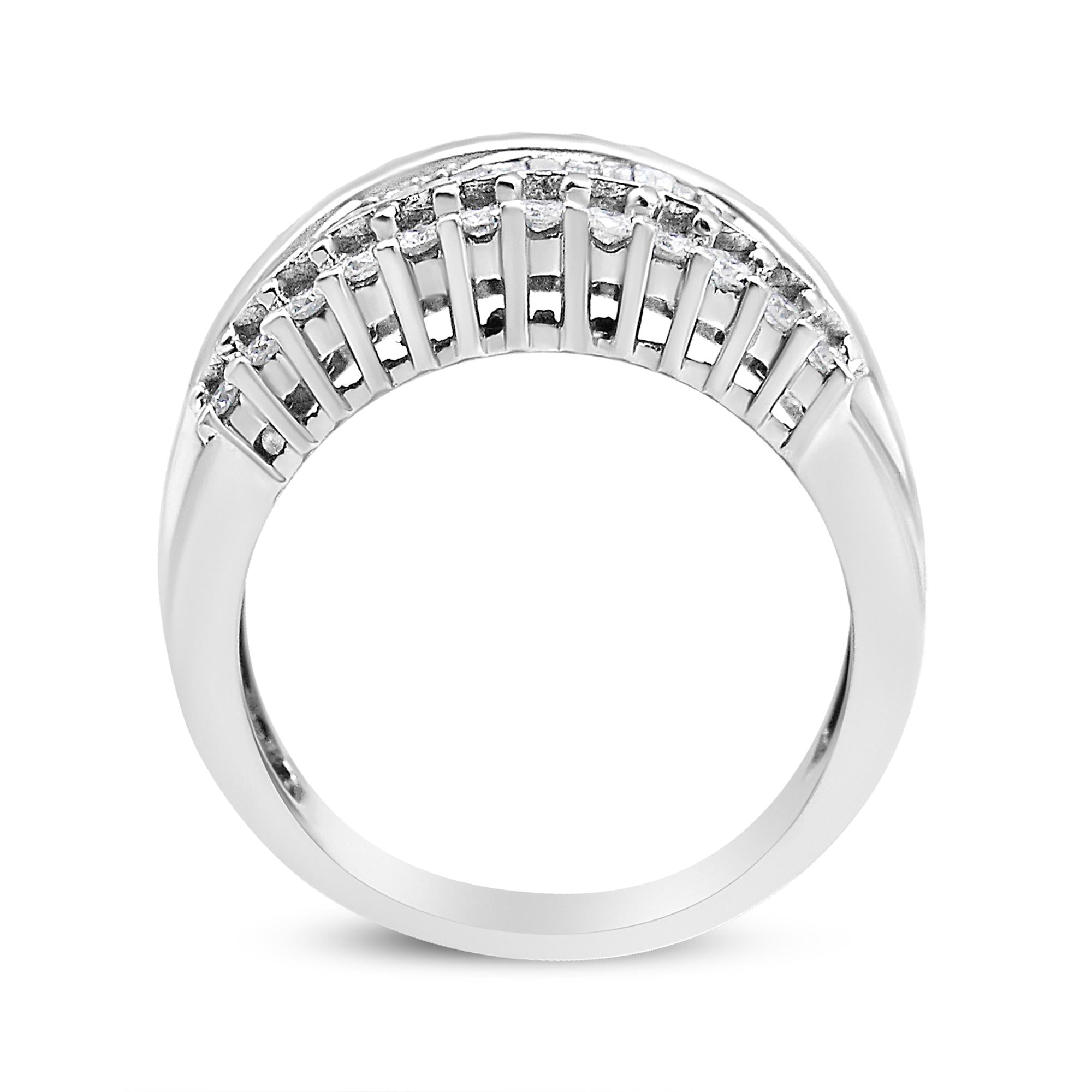 14K White Gold 1.00 Cttw Round and Baguette-Cut Diamond Modern Band Ring (H-I Color, SI2-I1 Clarity) - Friggin Jewelry Premium