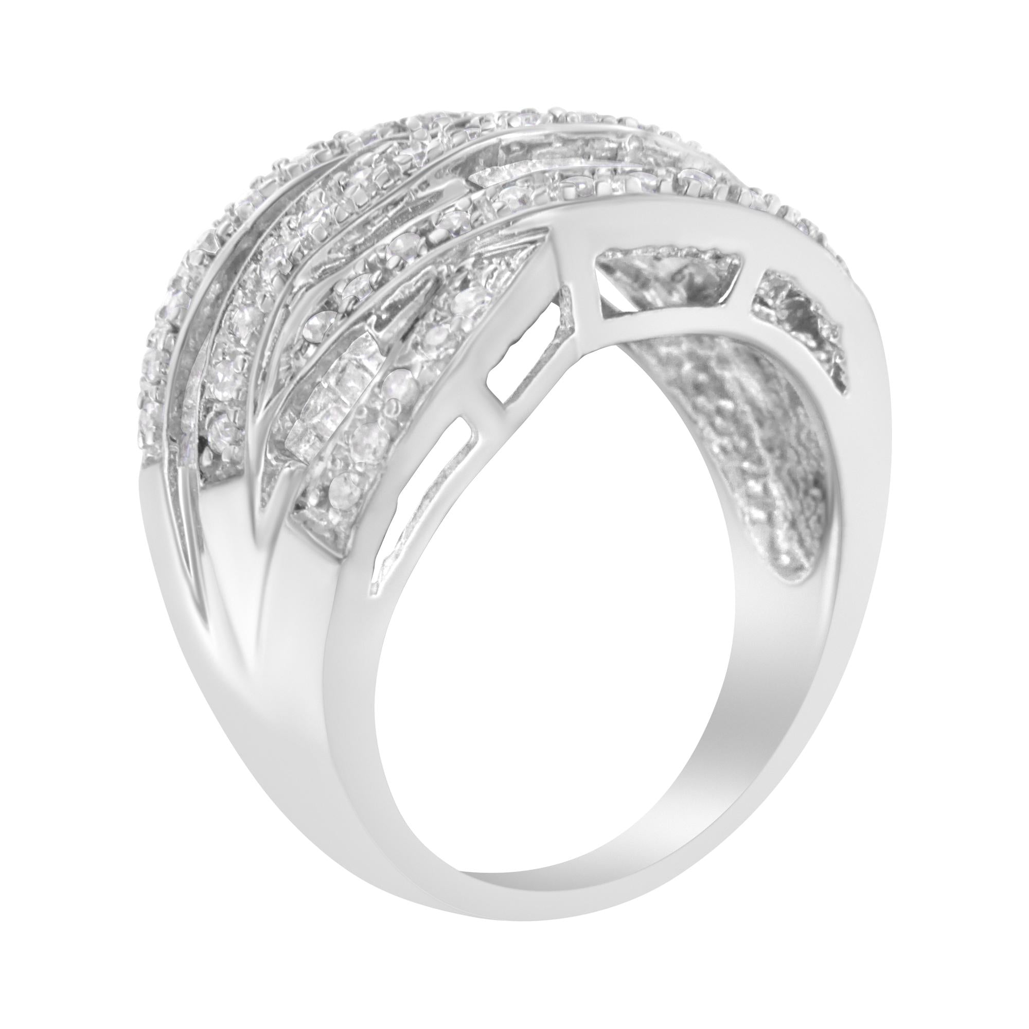 .925 Sterling Silver 1.0 Cttw Channel Set Alternating Round and Baguette Diamond Cross-over Bypass Ring Band (I-J Color, I2-I3 Clarity) - Friggin Jewelry