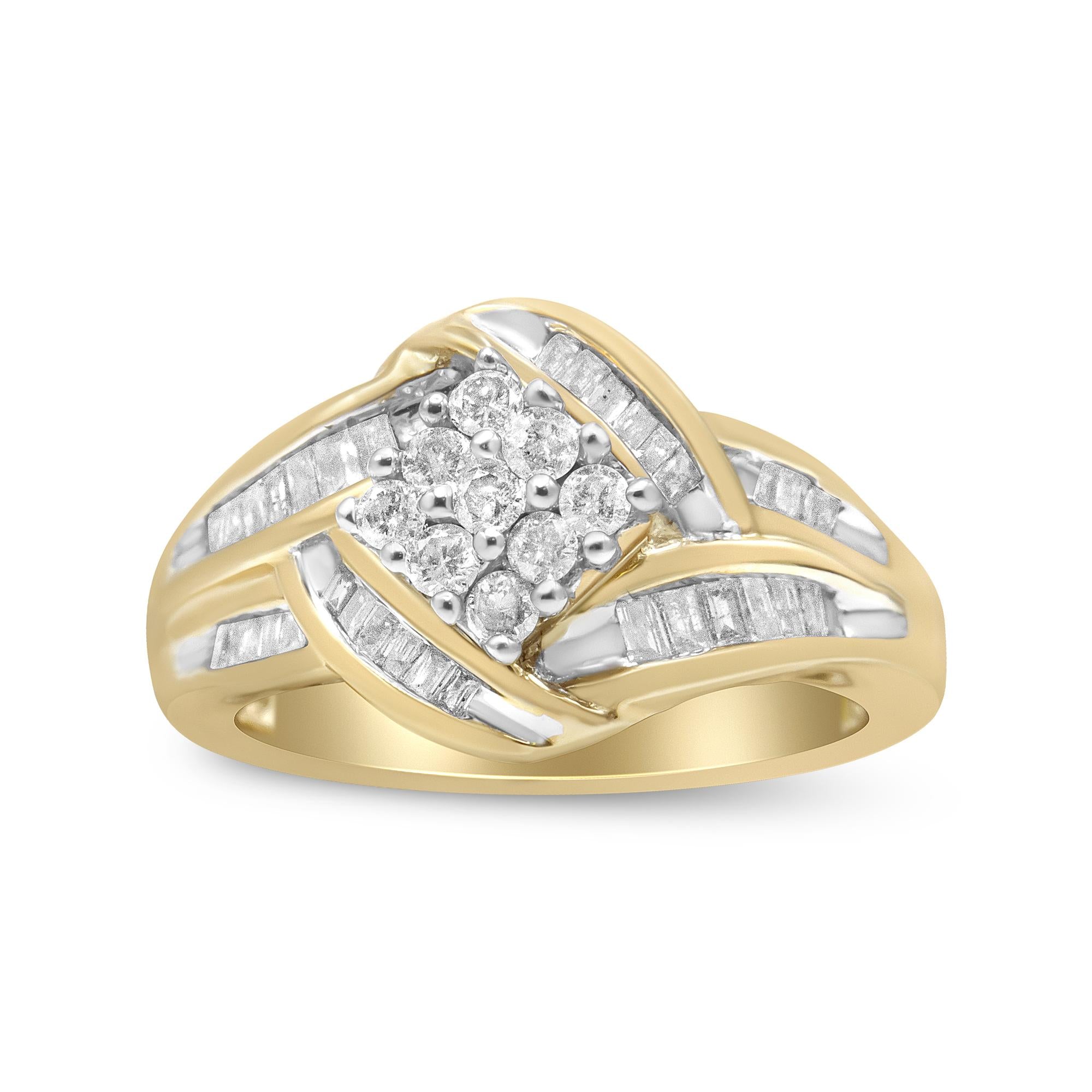 10K Yellow and White Gold 3/4 Cttw Diamond Cluster and Swirl Ring (H-I Color, I1-I2 Clarity) - Friggin Jewelry