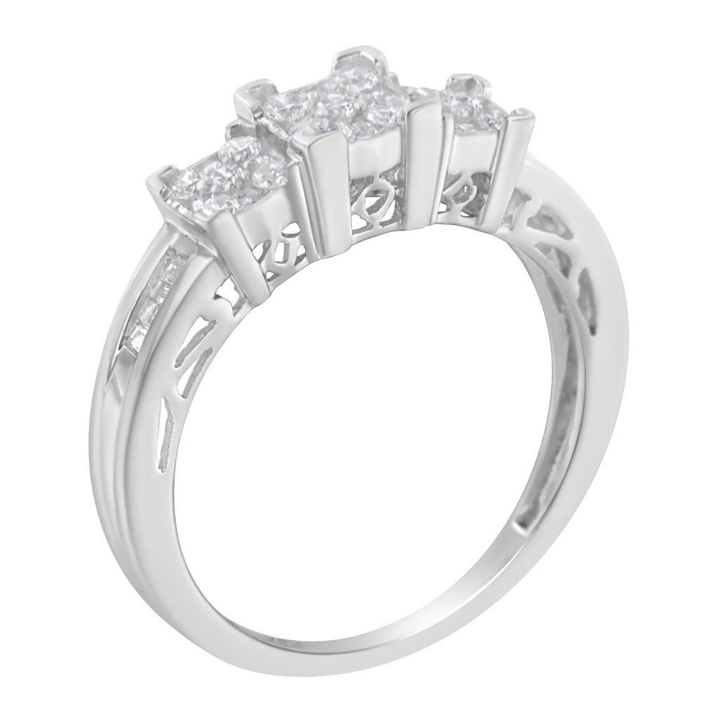 10K White Gold 1/2 Cttw Brilliant & Baguette Cut Diamond 3 Stone Design with 3 Square Clusters Engagement Ring (H-I Color, SI2-I1 Clarity) - Friggin Jewelry