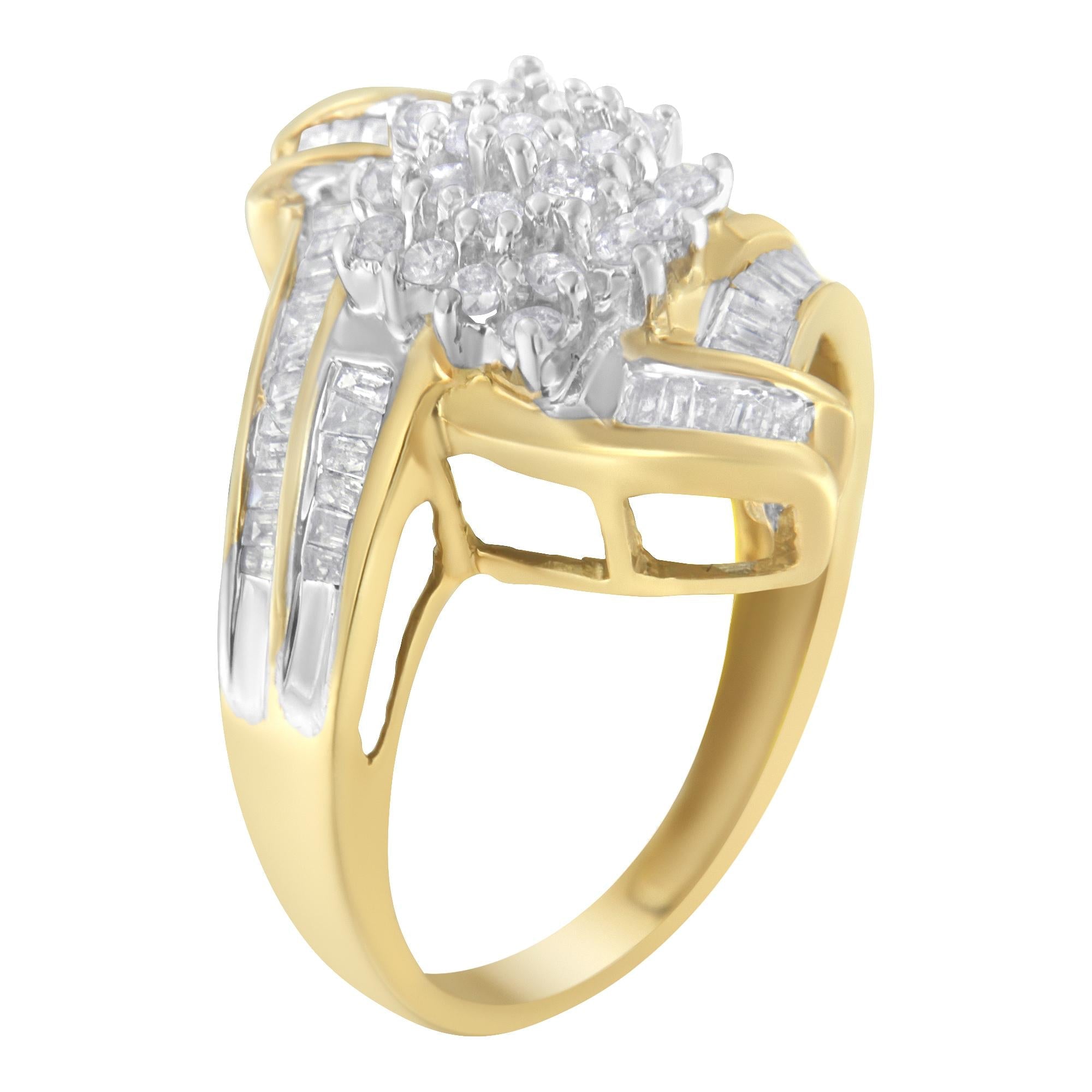10K Yellow Gold Round and Baguette-Cut Diamond Bypass Cluster Ring (1.0 Cttw, I-J Color, I1-I2 Clarity) - Friggin Jewelry