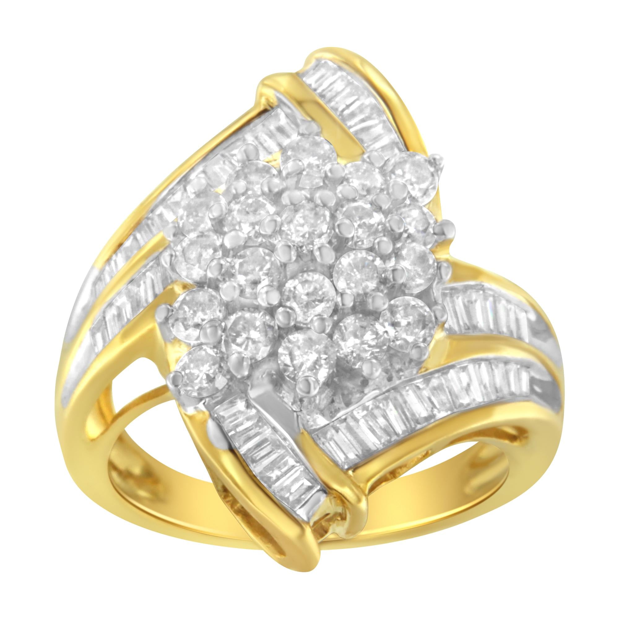10K Yellow Gold Round and Baguette Diamond Swirl Ring (2.0 Cttw, J-K Color, I2 Clarity) - Friggin Jewelry Premium