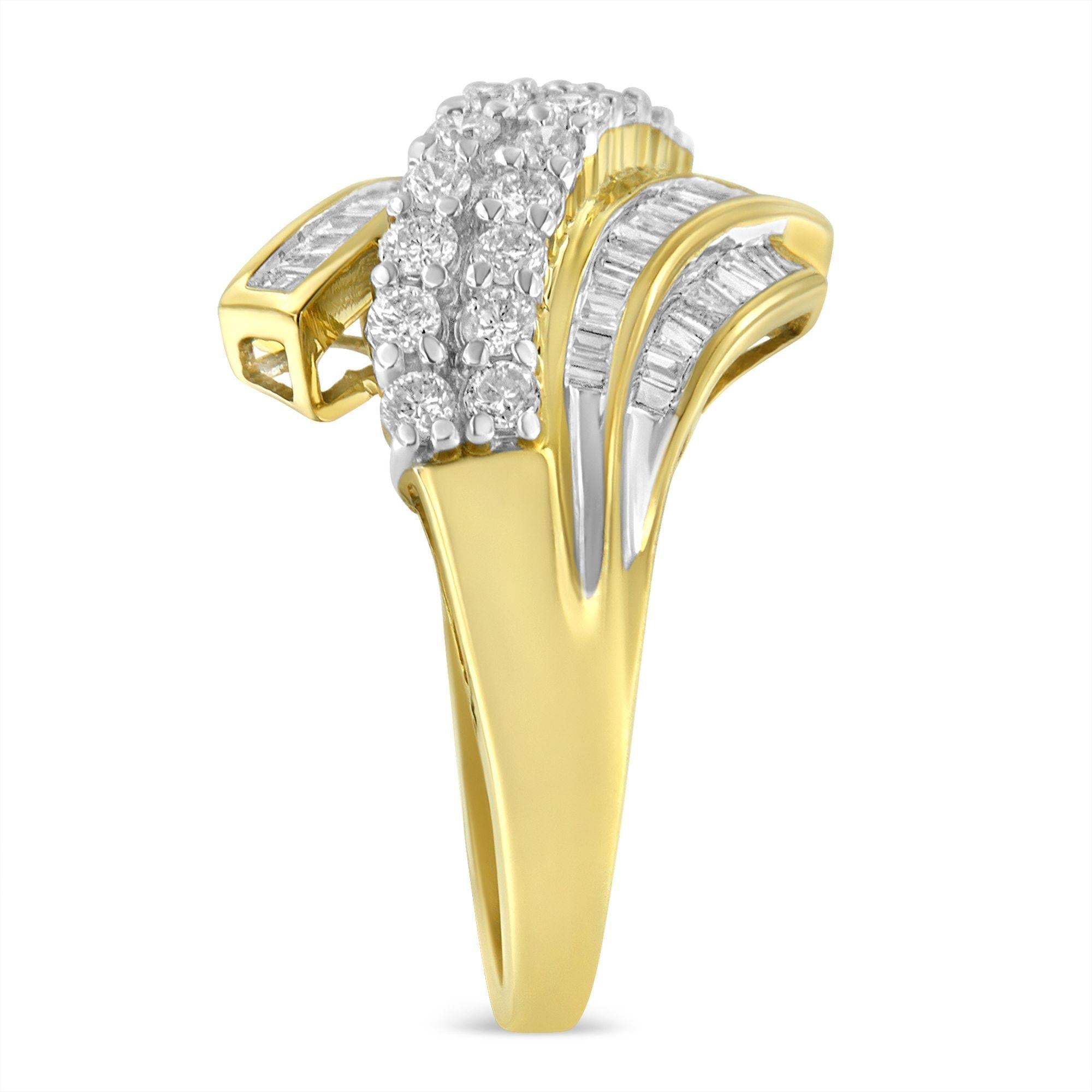 10K Yellow Gold 1.0 Cttw Round & Baguette Cut Diamond 64 Stone Bypass Style Channel Set Modern Statement Ring (H-I Color, SI1-SI2 Clarity) - Friggin Jewelry Premium