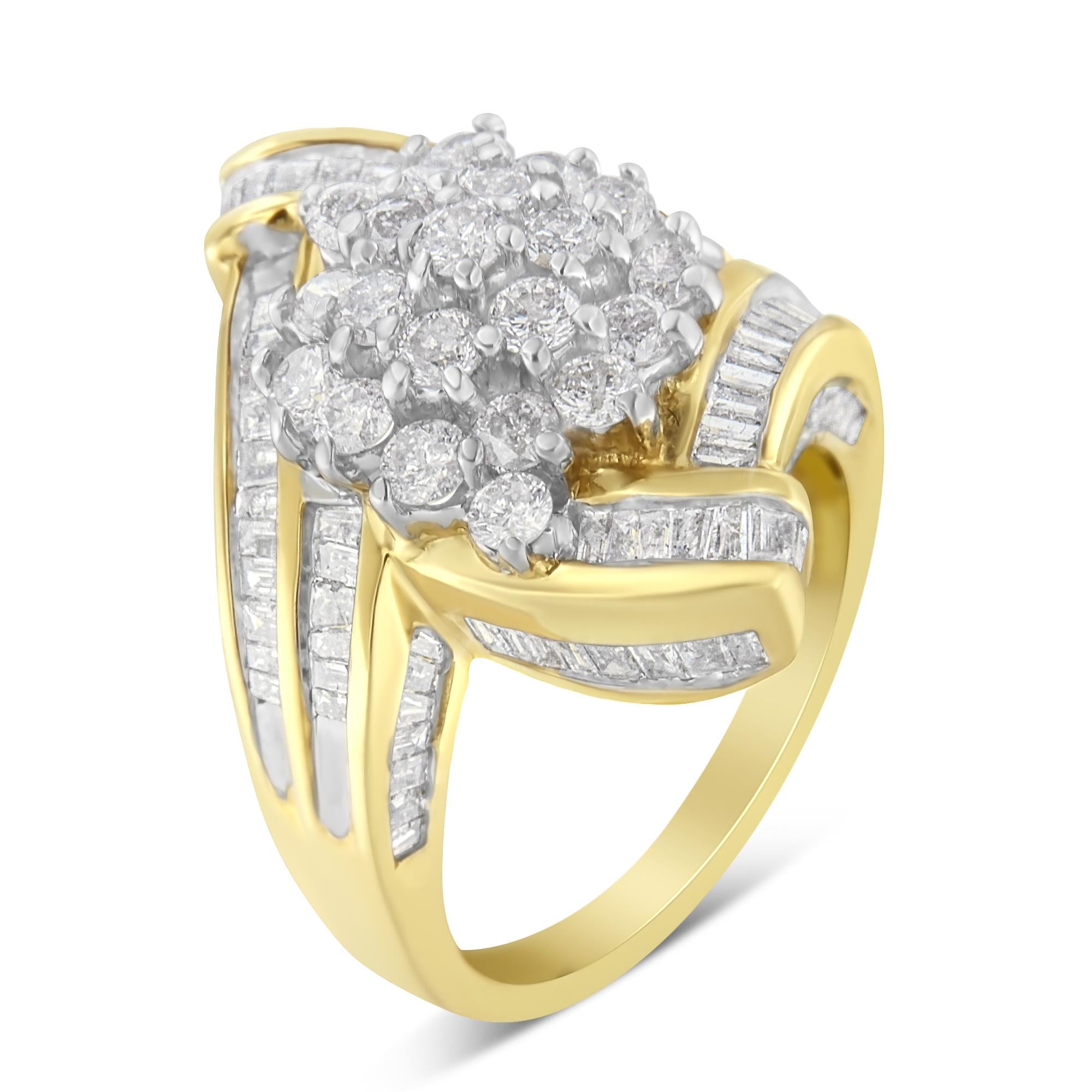 10K Yellow Gold Round and Baguette Diamond Crossover Cluster Ring (3 Cttw, I-J Color, I1-I2 Clarity) - Friggin Jewelry