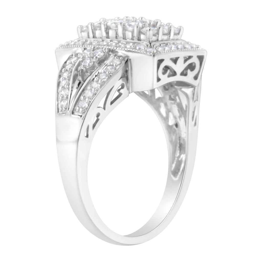 10K White Gold 1.0 Cttw Diamond Rectangular Cushion Shaped Cluster Halo Flared Band Cocktail Fashion Ring (H-I Color, SI2-I1 Clarity) - Friggin Jewelry Premium