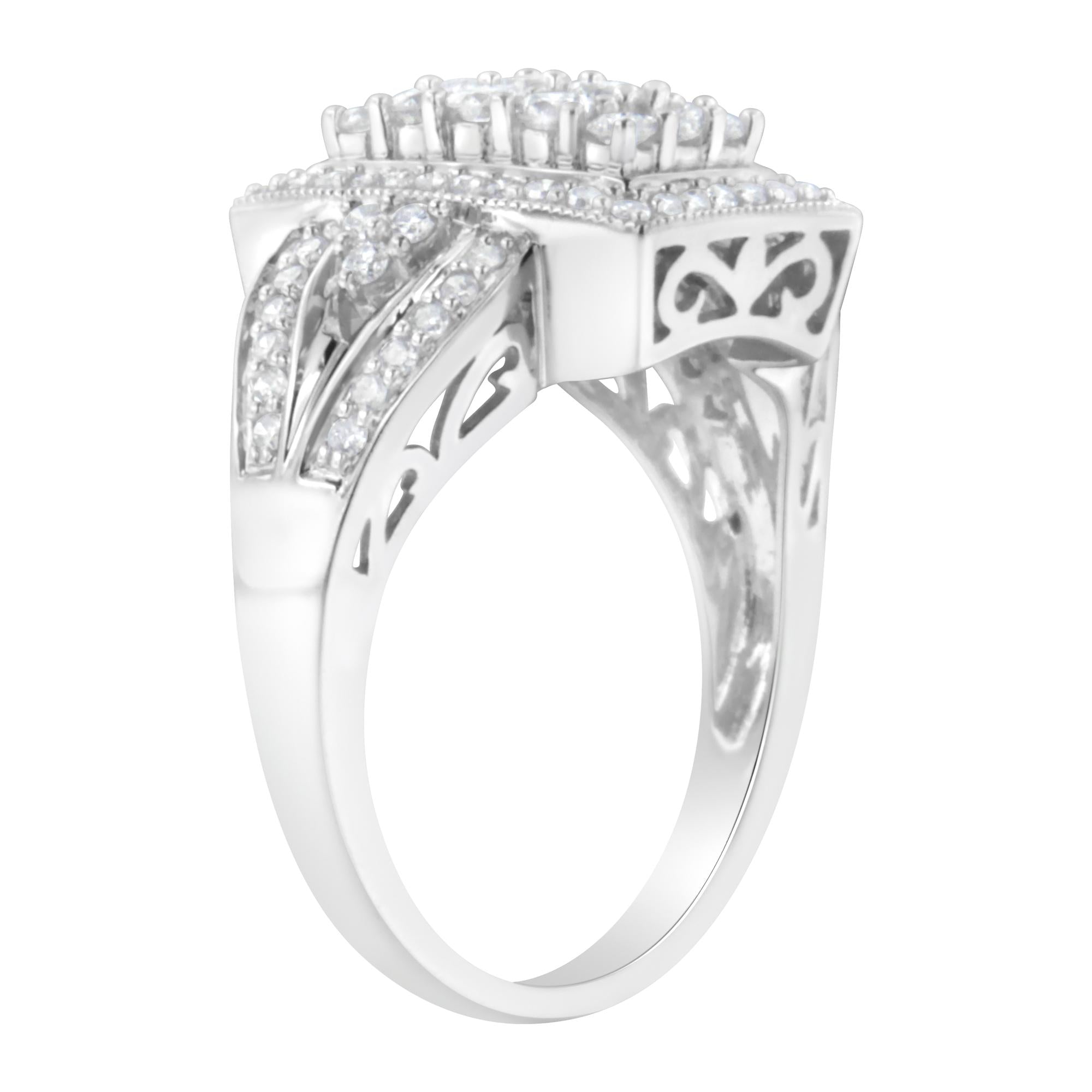 10K White Gold 1.0 Cttw Diamond Rectangular Cushion Shaped Cluster Halo Flared Band Cocktail Fashion Ring (H-I Color, SI2-I1 Clarity) - Friggin Jewelry