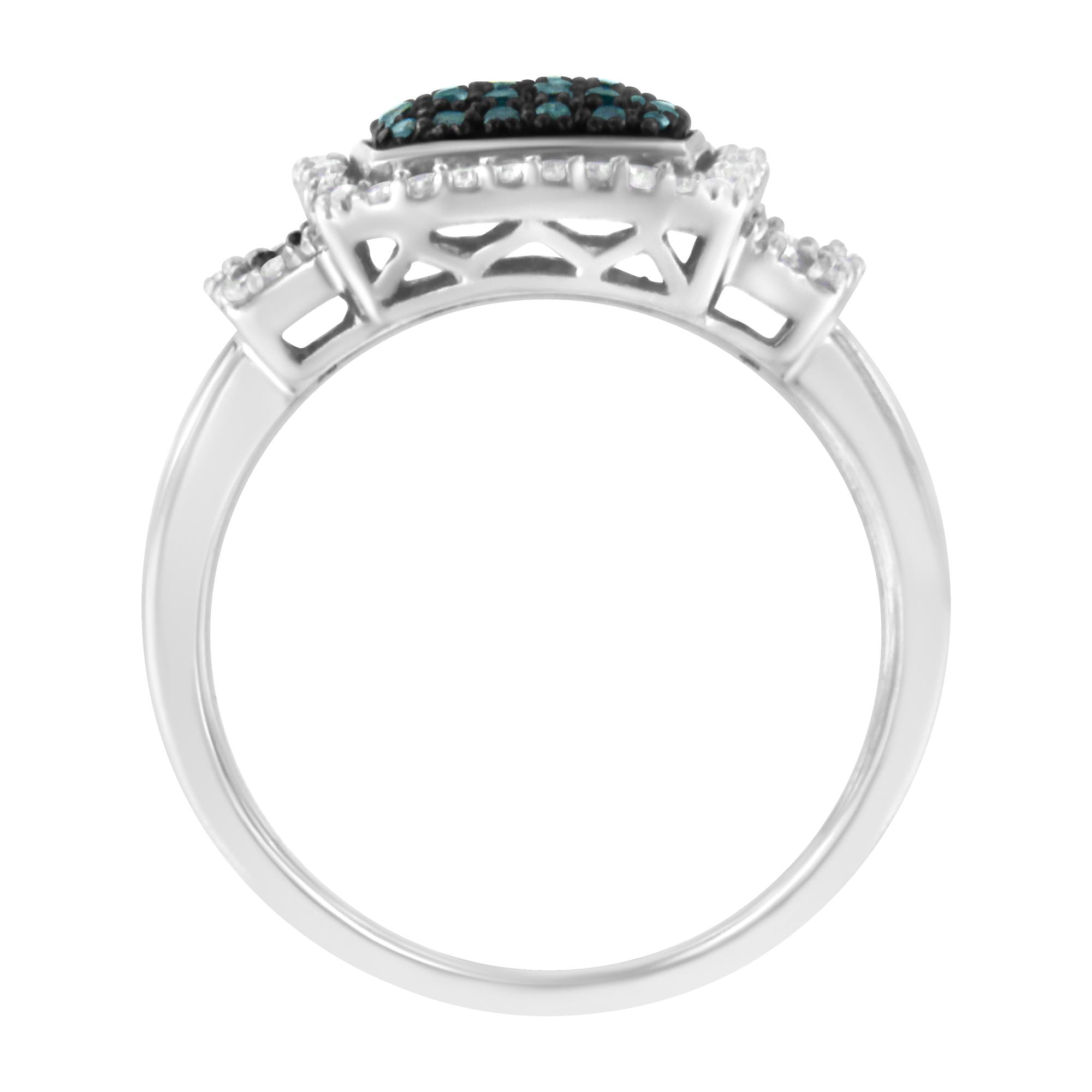 Black Rhodium Plated .925 Sterling Silver 1/2 Cttw White & Blue Diamond Square Halo Cocktail Ring (Fancy Blue & H-I Color, I2-I3 Clarity) - Friggin Jewelry
