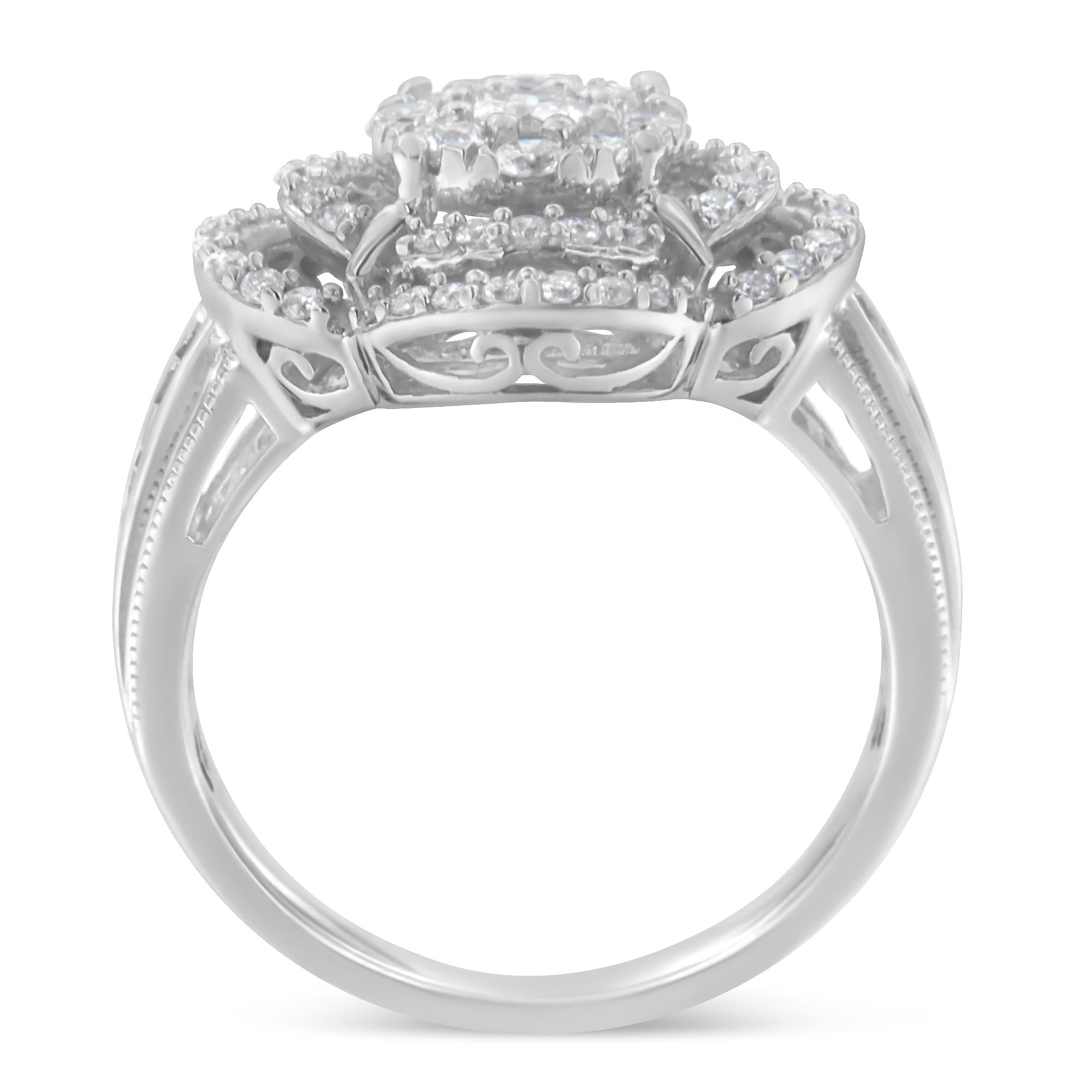 14K White Gold 1.0 Cttw Round & Baguette Cut Diamond Floral Cluster Quatrefoil Channel Set Band Cocktail Statement Ring (H-I Color, SI2-I1 Clarity) - Friggin Jewelry