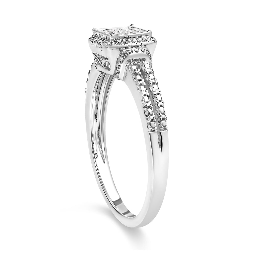 Anello in argento sterling 925 con diamanti taglio principessa da 1/4 carati e alone di perline (colore HI, purezza SI1-SI2) - Friggin Jewelry