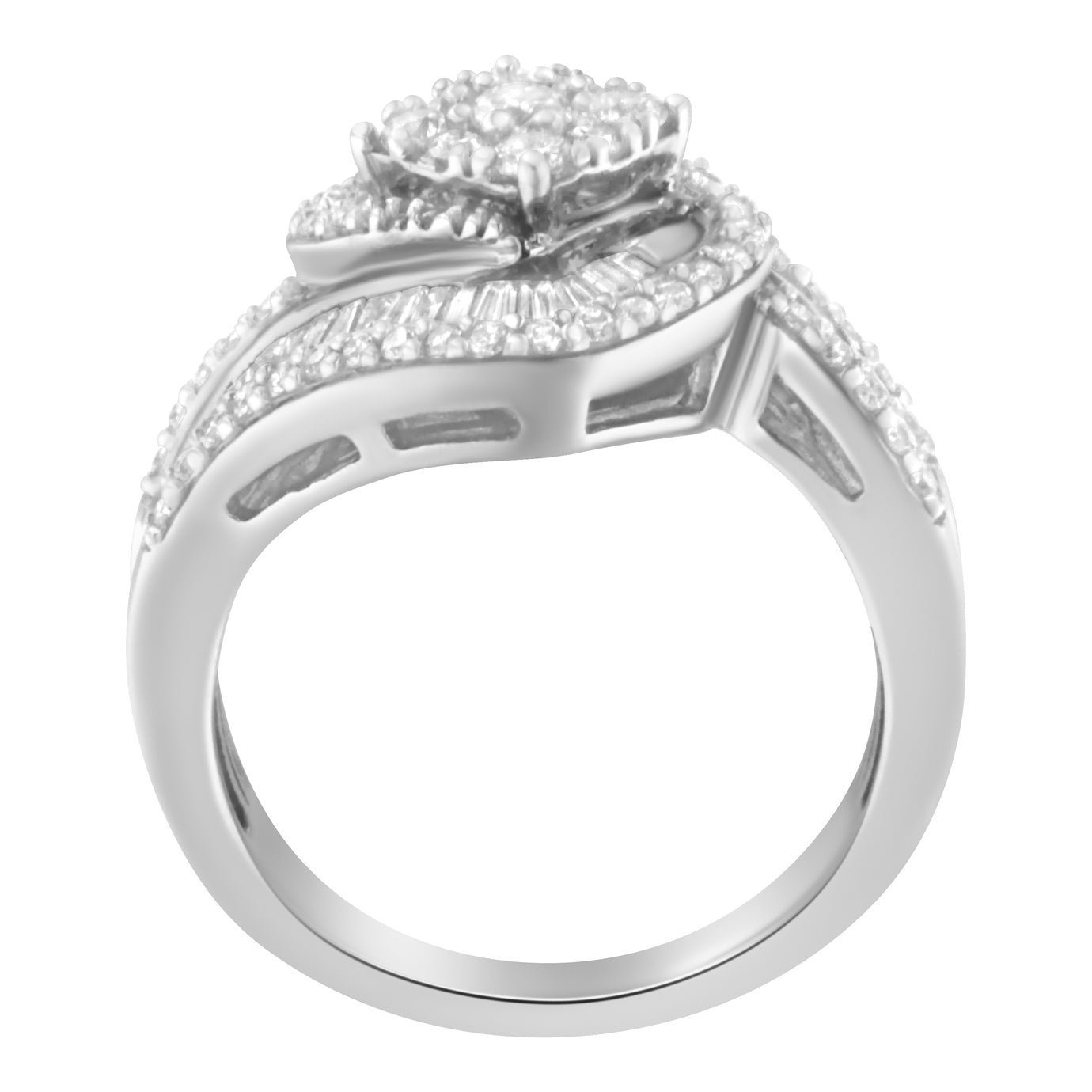 14K White Gold 1.0 Cttw Baguette & Brilliant-Cut Diamond Round Floral Cluster Engagement or Fashion Ring with Swirl Wrapped Triple Row Band (H-I Color, SI2-I1 Clarity) - Friggin Jewelry