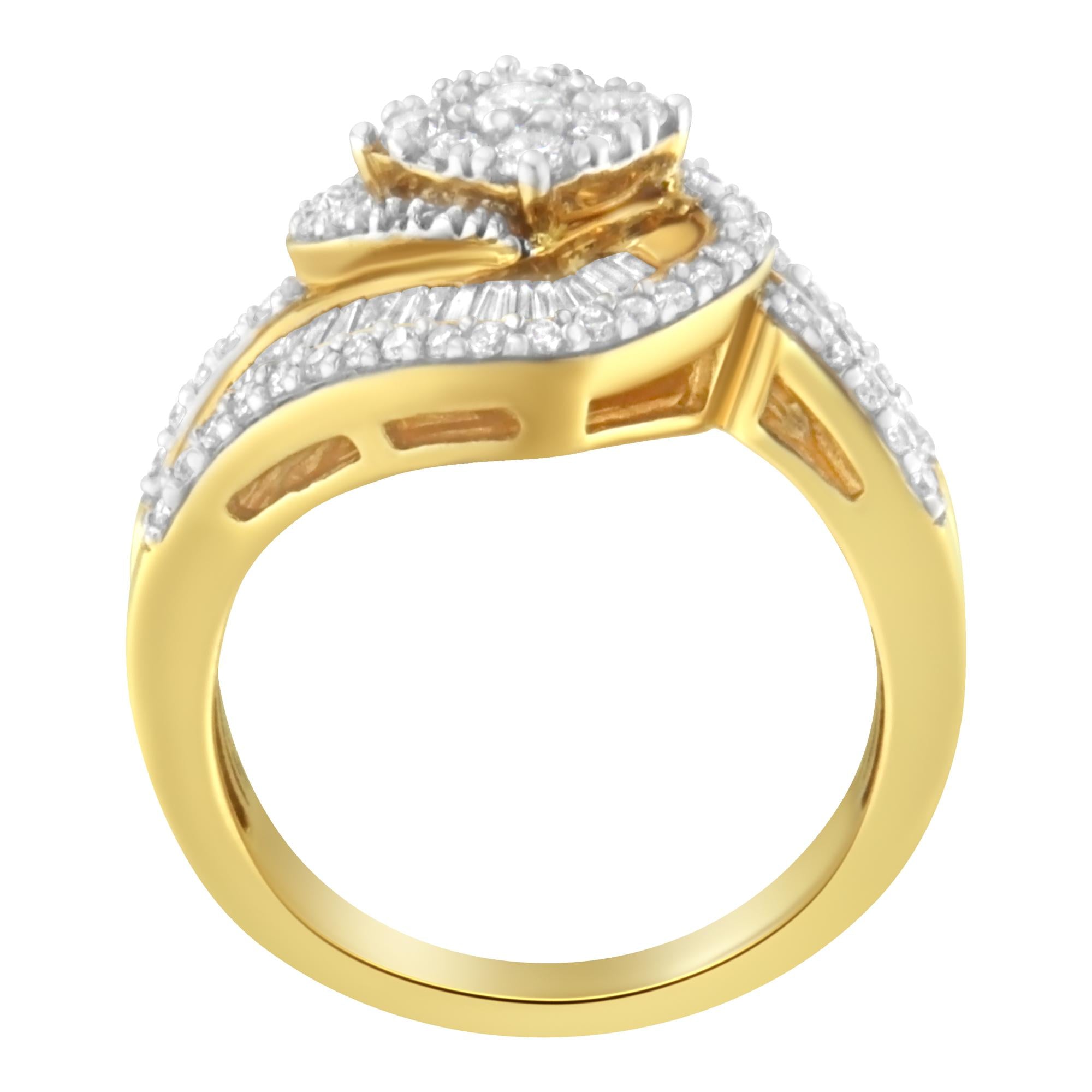 14K Yellow Gold 1.0 Cttw Baguette & Brilliant-Cut Diamond Round Floral Cluster Engagement or Fashion Ring with Swirl Wrapped Triple Row Band (H-I Color, SI2-I1 Clarity) - Friggin Jewelry