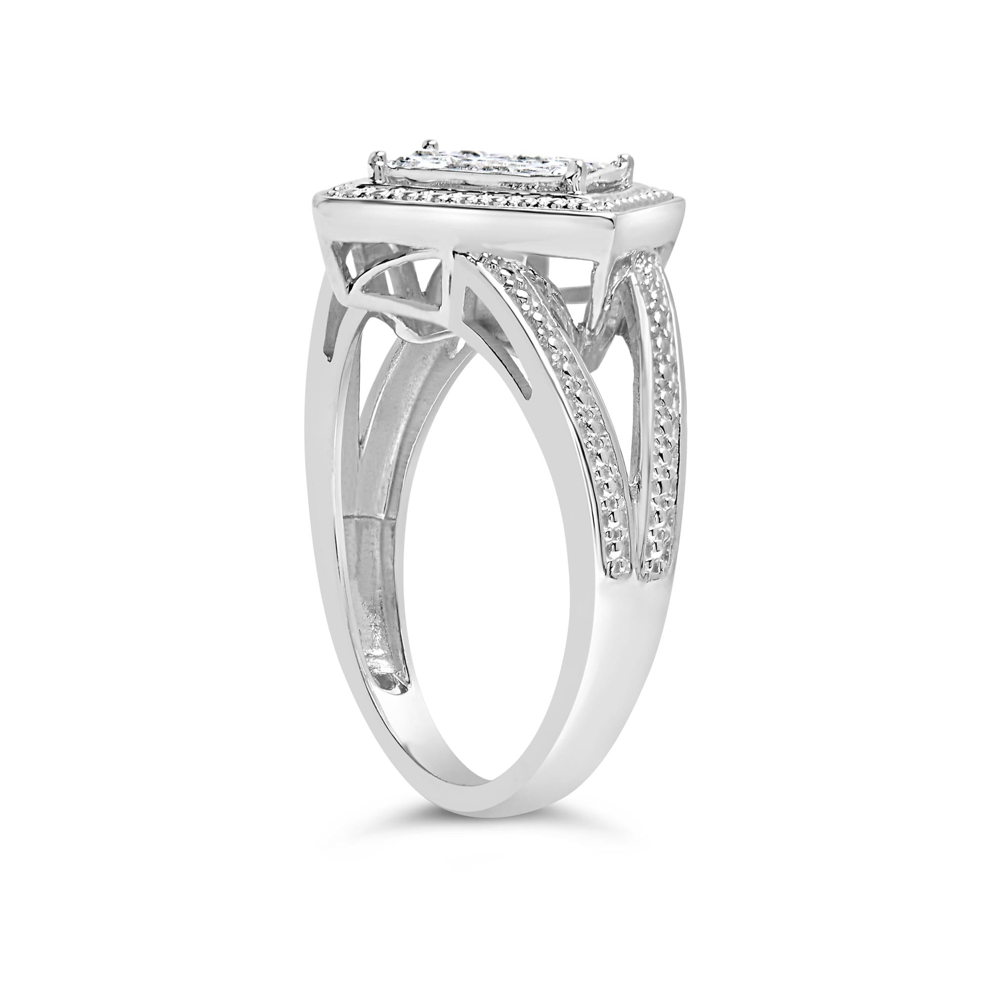 Anillo de plata de ley 925 con halo de cuentas y rombos de diamantes de talla princesa de 1/3 ct (color HI, claridad SI1-SI2) - Friggin Jewelry