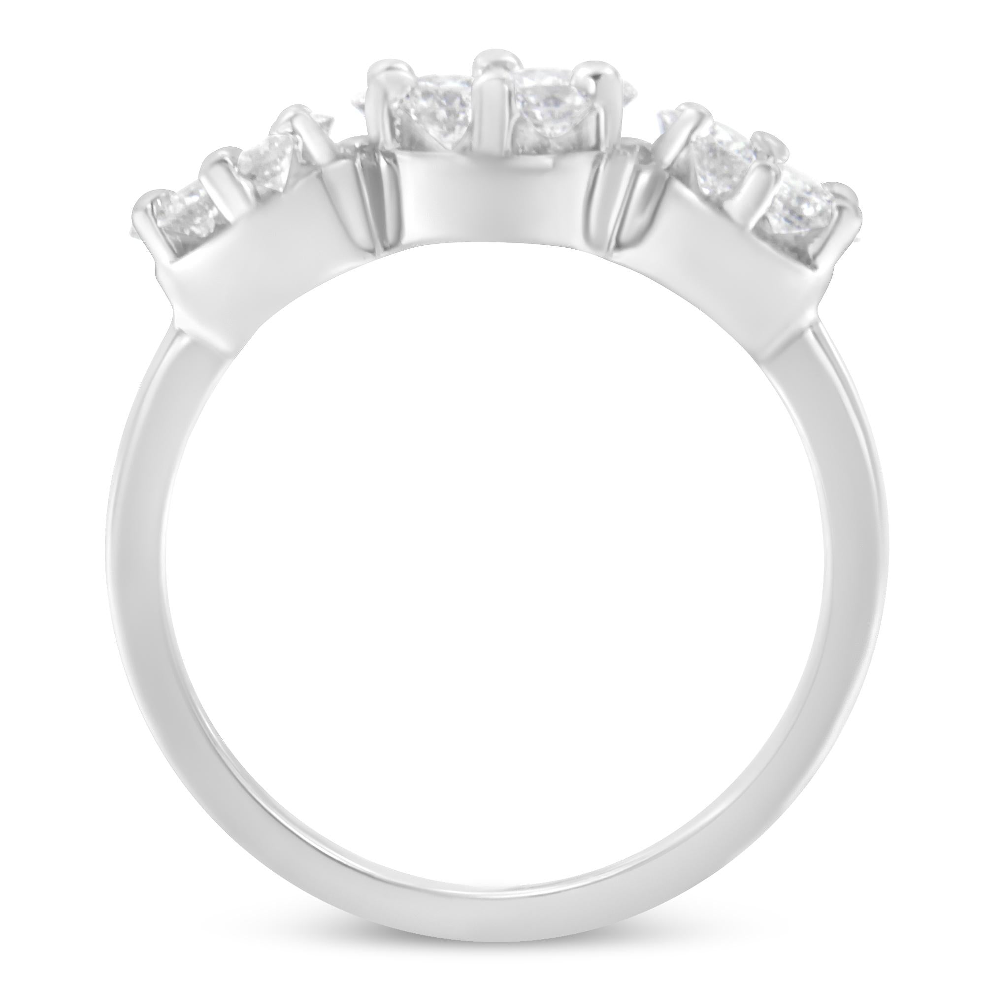 14K White Gold 1-1/4 Cttw Brilliant Cut Diamond Three Round Floral Clusters Engagement or Fashion Ring (H-I Color, SI2-I1 Clarity) - Friggin Jewelry