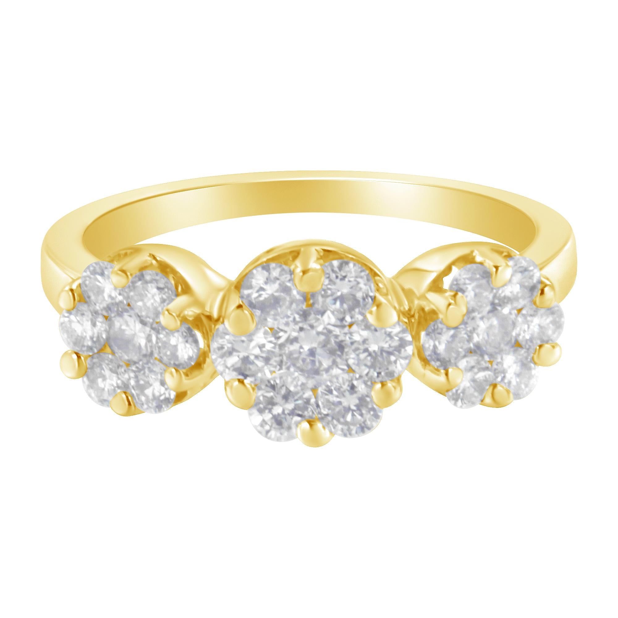14K Yellow Gold 1-1/4 Cttw Brilliant Cut Diamond Three Round Floral Clusters Engagement or Fashion Ring (H-I Color, SI2-I1 Clarity) - Friggin Jewelry