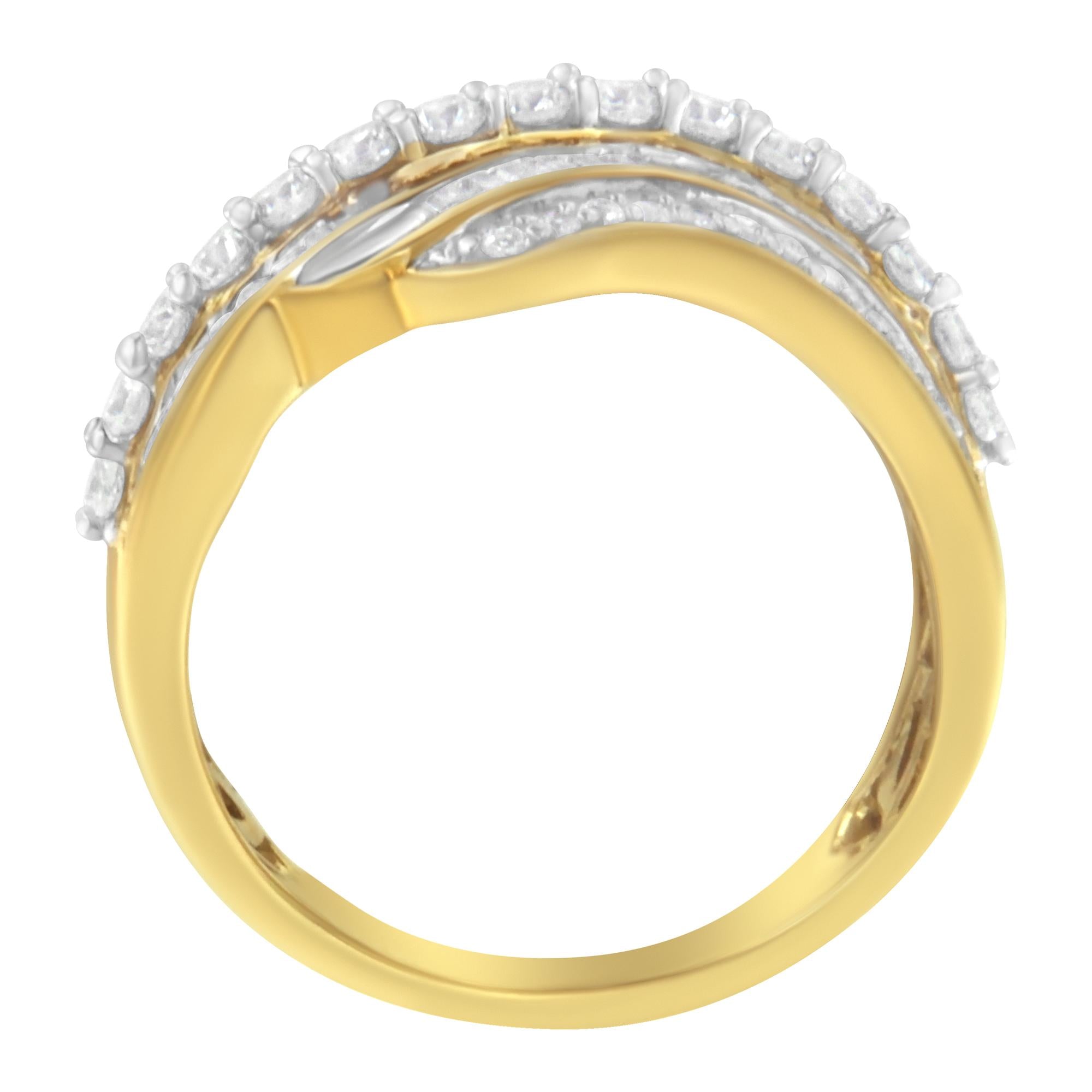 Anillo de oro amarillo de 10 quilates con diamantes baguette y redondos de 1,0 quilates, con varias hileras de ondas (color IJ, claridad I1-I2) - Friggin Jewelry