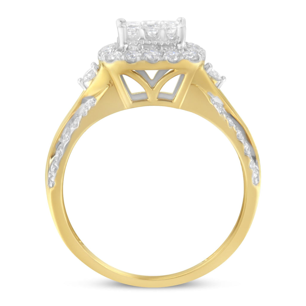 Anello di fidanzamento a 3 fasce con alone a forma di cuscino in oro giallo 10 carati con diamanti compositi da 1,0 ct (colore HI, purezza SI1-SI2) - Friggin Jewelry