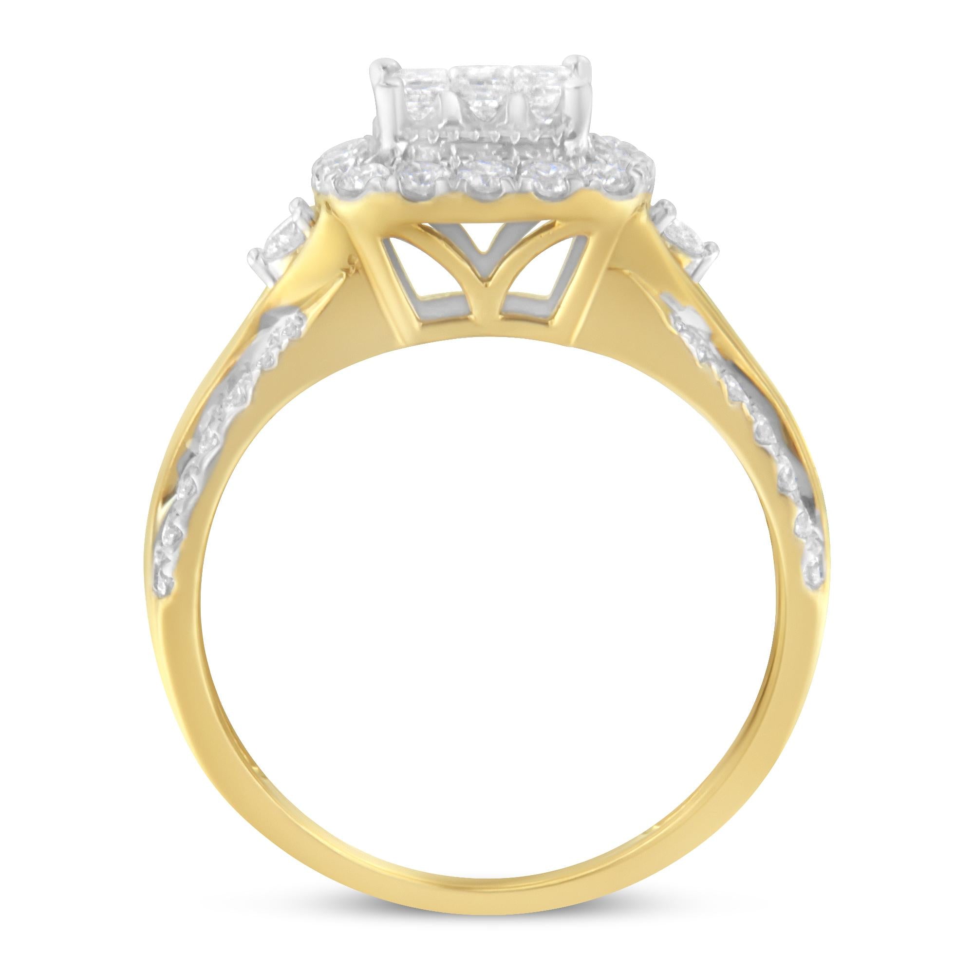 Anello di fidanzamento a 3 fasce con alone a forma di cuscino in oro giallo 10 carati con diamanti compositi da 1,0 ct (colore HI, purezza SI1-SI2) - Friggin Jewelry