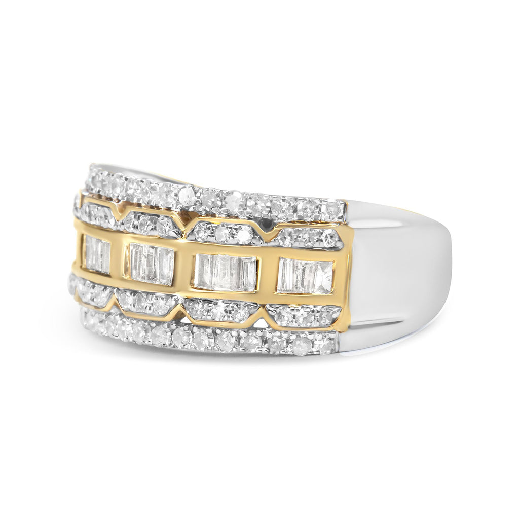 Anillo Art Déco de varias filas de diamantes de talla baguette y redonda de 1,00 ct en oro blanco y amarillo de 10 quilates (color IJ, claridad I1-I2) - Friggin Jewelry