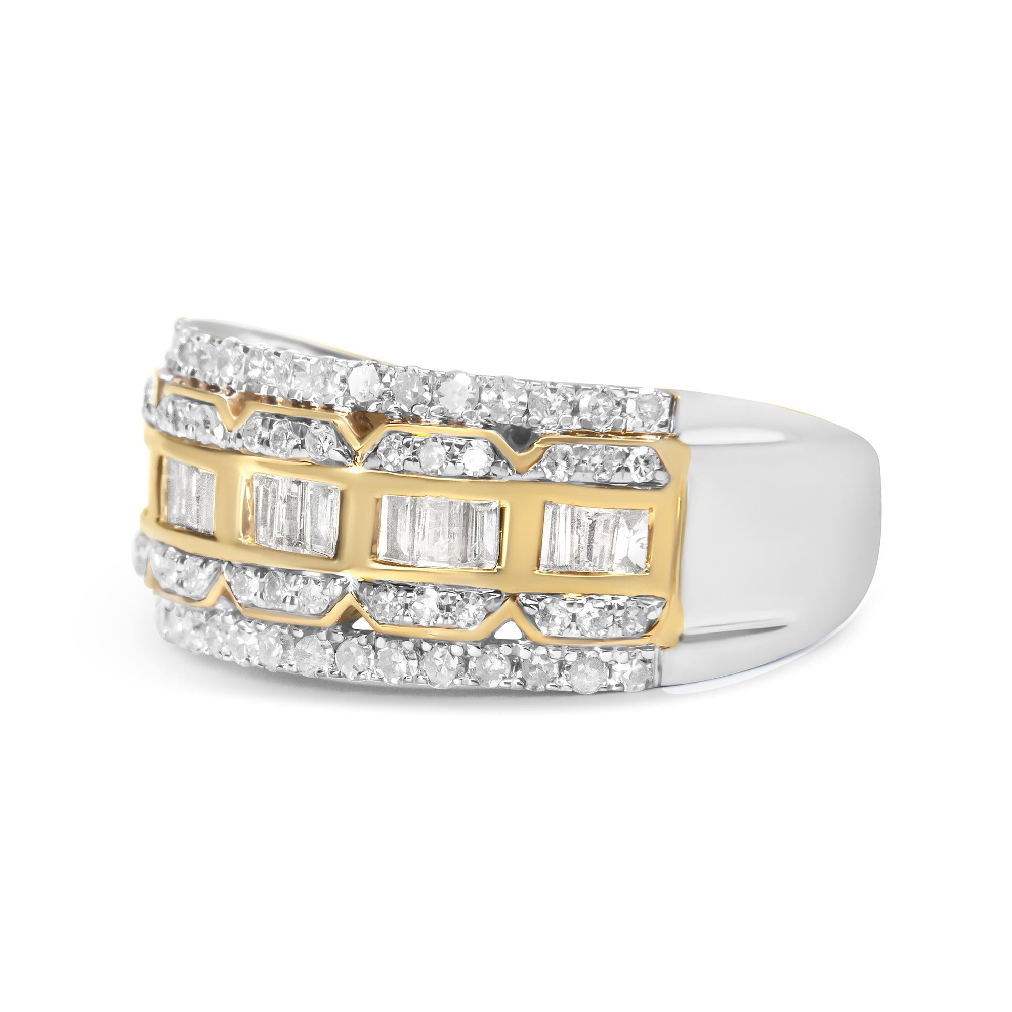 Anillo Art Déco de varias filas de diamantes de talla baguette y redonda de 1,00 ct en oro blanco y amarillo de 10 quilates (color IJ, claridad I1-I2) - Friggin Jewelry