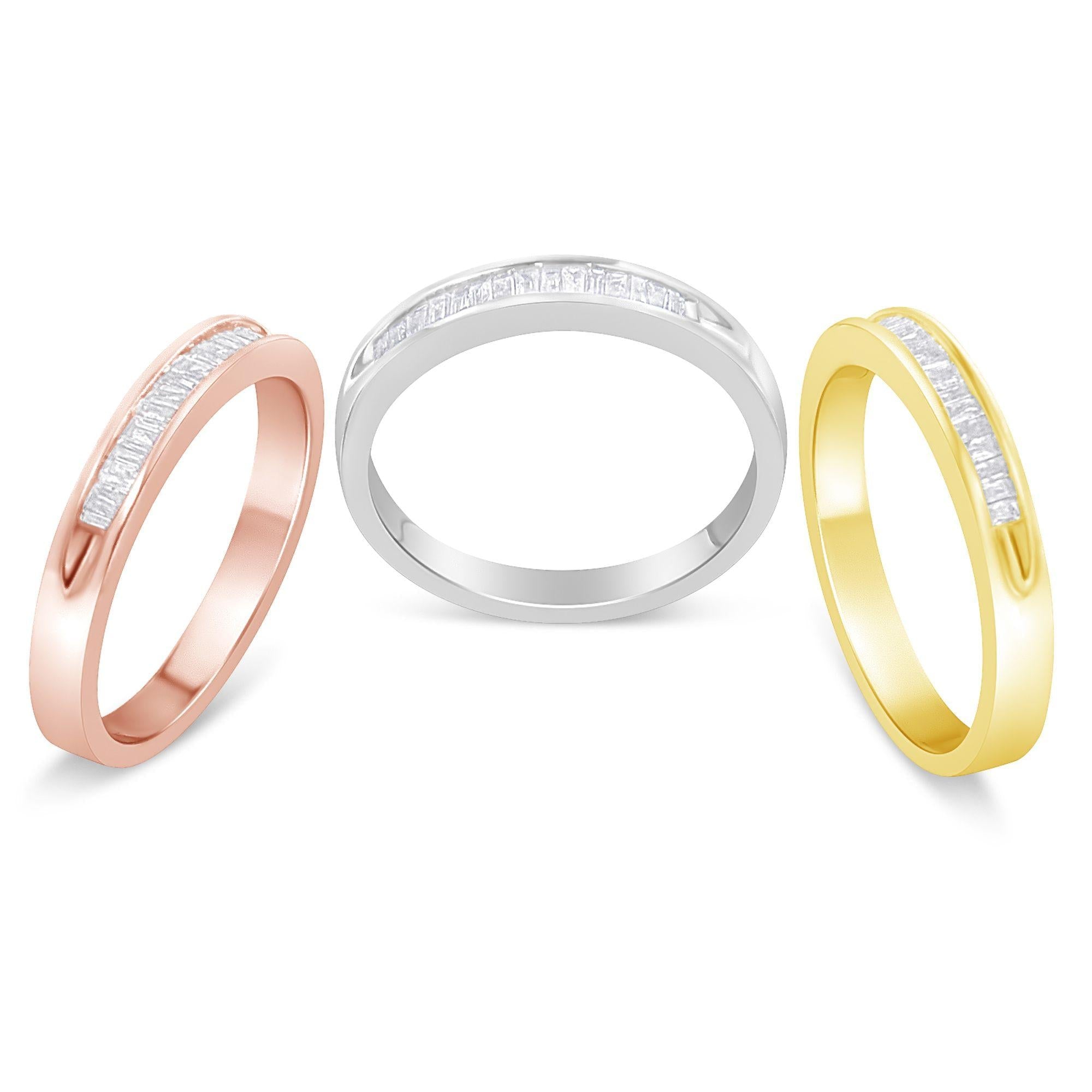 10K Yellow, White and Rose Gold over .925 Sterling Silver 5/8 Cttw Diamond Channel-Set Stackable Band Ring Set (H-I Color, I1-I2 Clarity) - Friggin Jewelry