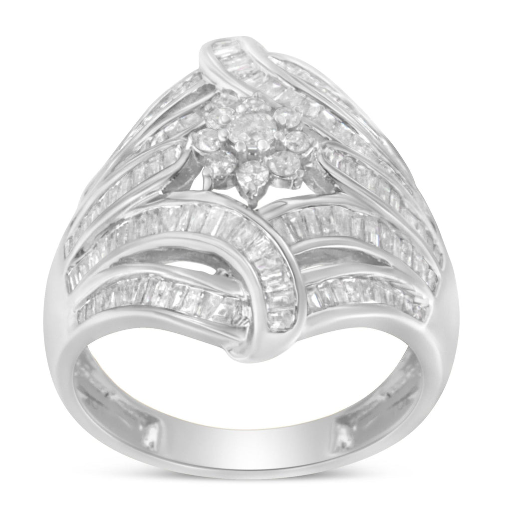 .925 Sterling Silver 1-1/8 Cttw Round & Baguette Diamond 'Flower & Fern' Cluster Cocktail Fashion Ring (I-J Color, I2-I3 Clarity) - Friggin Jewelry