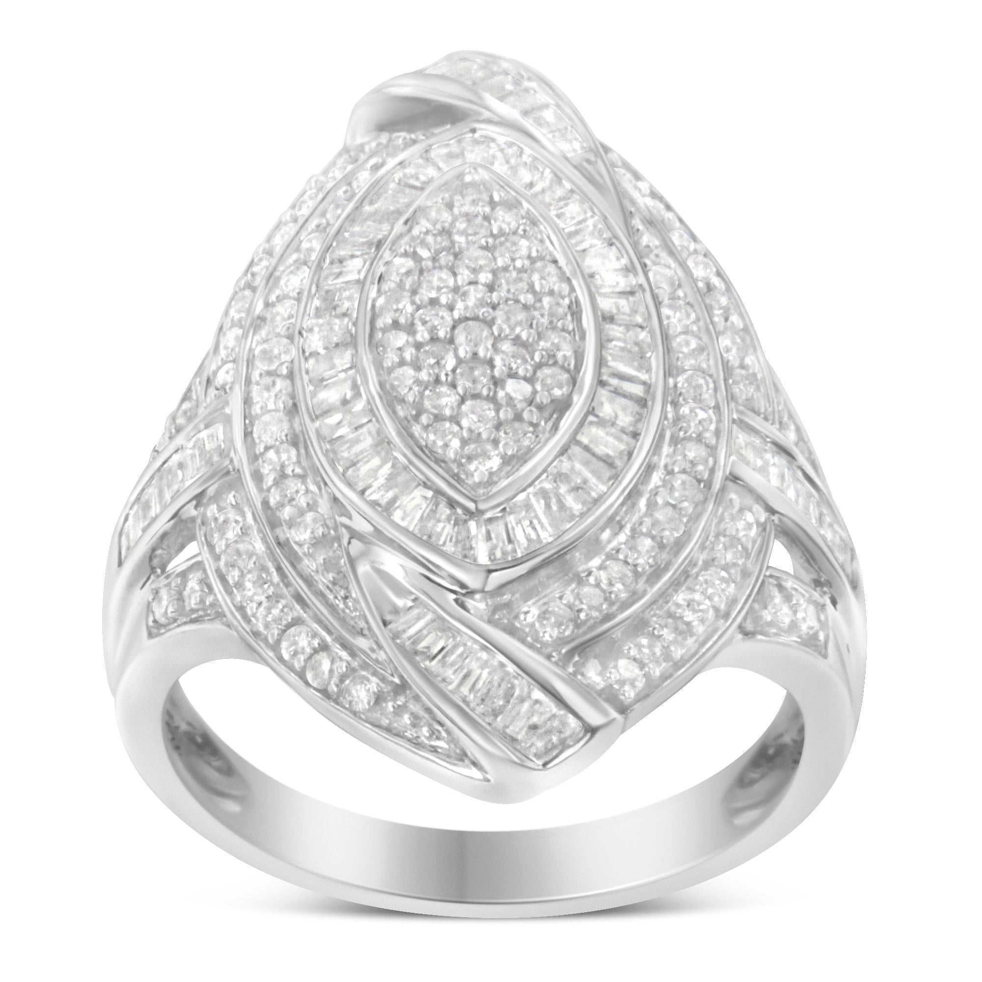 .925 Sterling Silver & 1-1/8 Cttw Diamond Marquise Shaped Cluster Triple Halo Knot Cocktail Fashion Ring (I-J Color, I2-I3 Clarity) - Friggin Jewelry