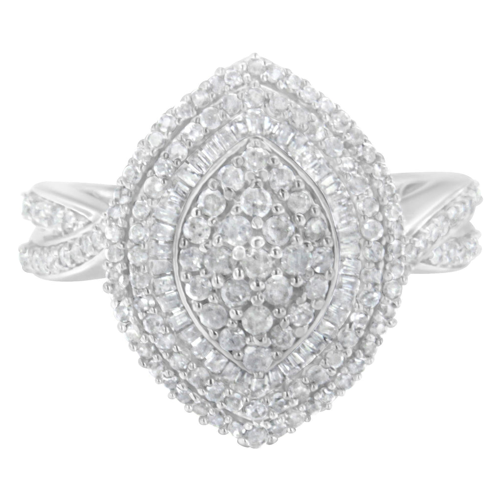 .925 Sterling Silver 1.0 Cttw Round & Baguette-Cut Diamond Marquise-Shaped Cluster Triple Stepped Halo Cocktail Fashion Ring (I-J Color, I2-I3 Clarity) - Friggin Jewelry