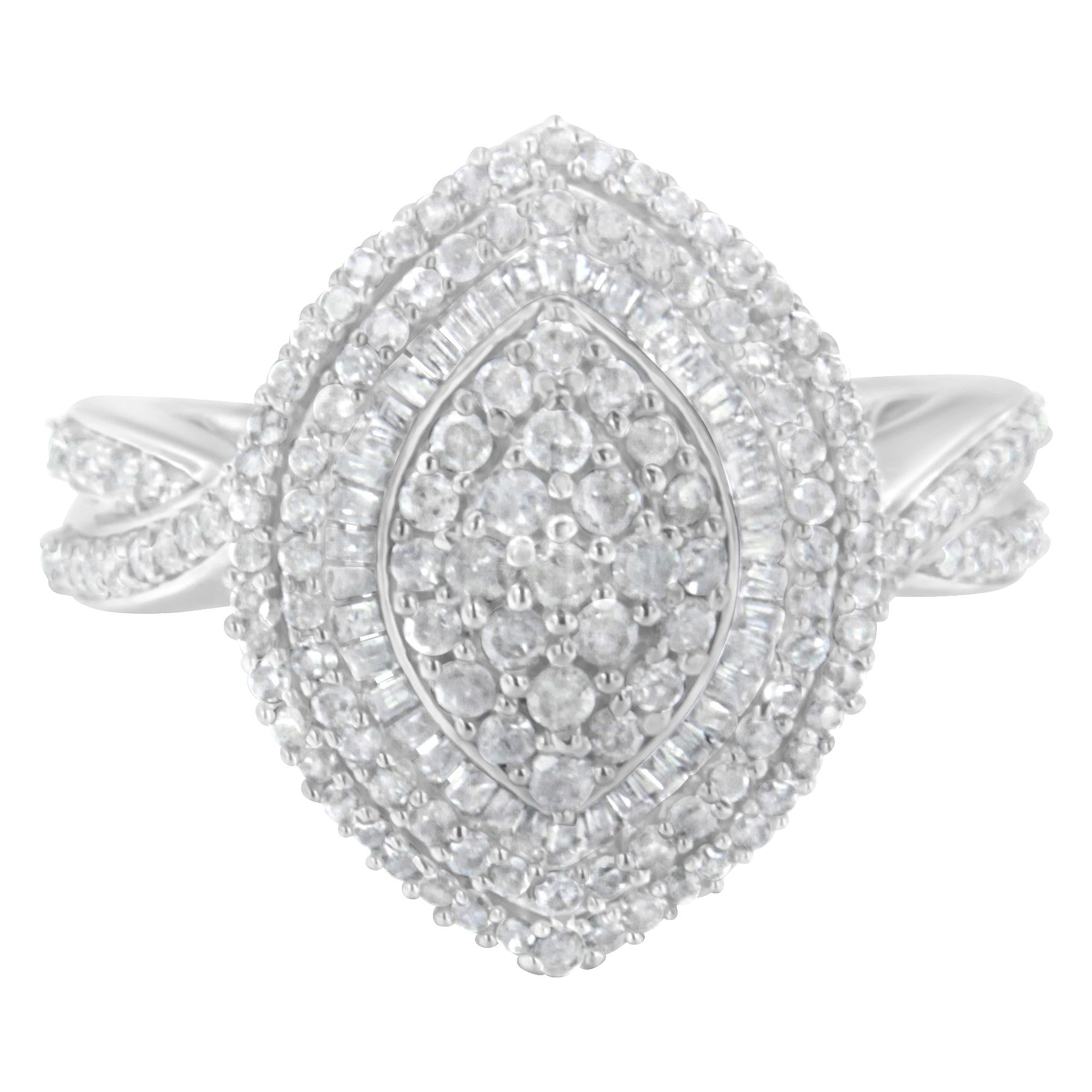 .925 Sterling Silver 1.0 Cttw Round & Baguette-Cut Diamond Marquise-Shaped Cluster Triple Stepped Halo Cocktail Fashion Ring (I-J Color, I2-I3 Clarity) - Friggin Jewelry