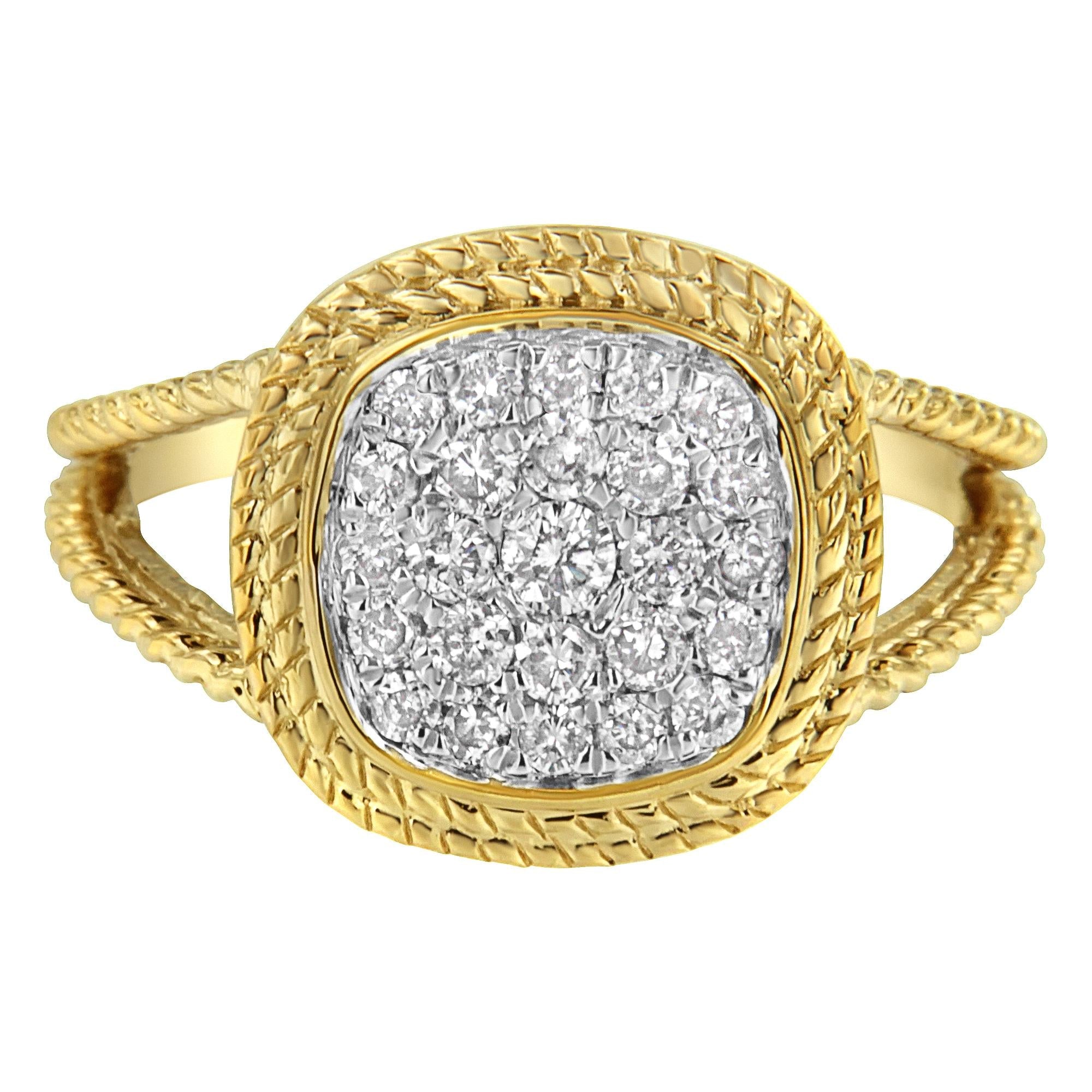 10K Yellow Gold Plated .925 Sterling Silver 1/2 Cttw Diamond Square Cushion Cluster Split Shank Cocktail Ring (J-K Color, I2-I3 Clarity) - Friggin Jewelry