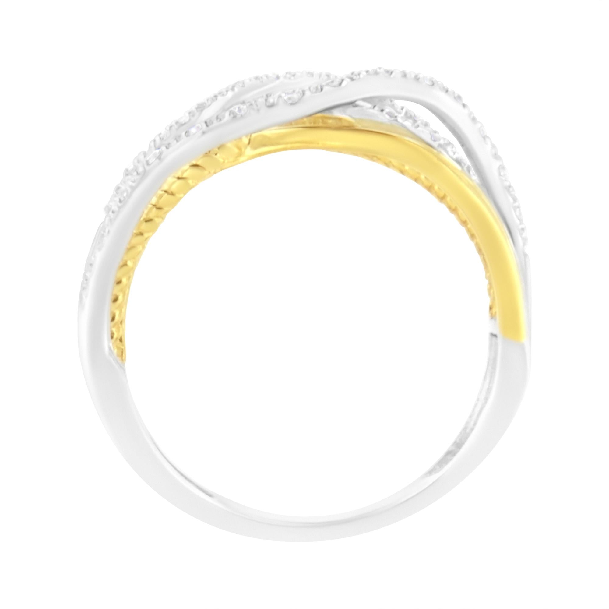 Anillo cruzado de múltiples filas de diamantes de 1/10 quilates con baño de oro amarillo de 10 quilates en plata de ley 925 (color IJ, claridad I1-I2) - Friggin Jewelry