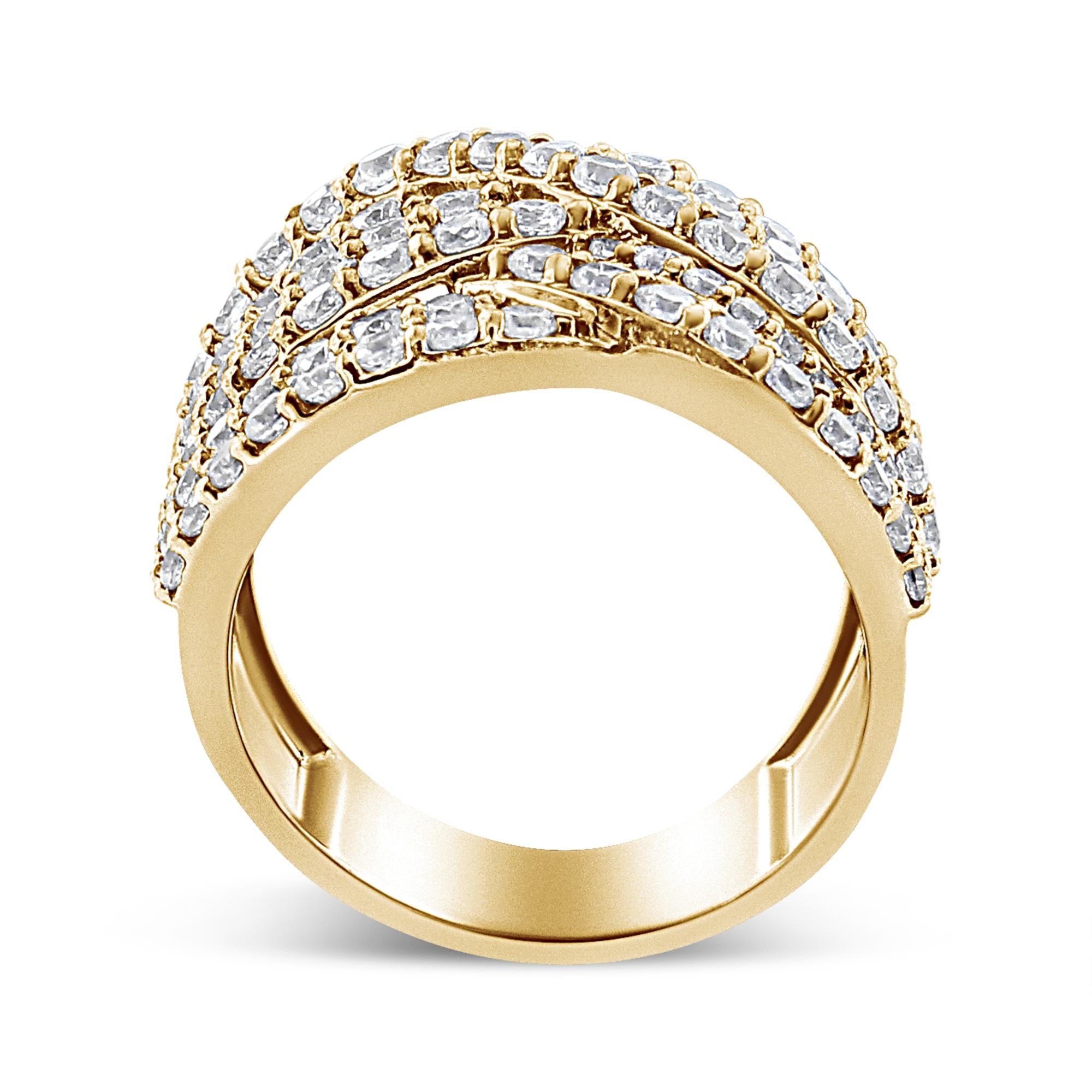 10K Yellow Gold 3.0 Cttw Diamond Eight-Row Bypass Crossover Statement Band Ring (H-I Color, I2-I3 Clarity) - Friggin Jewelry Premium