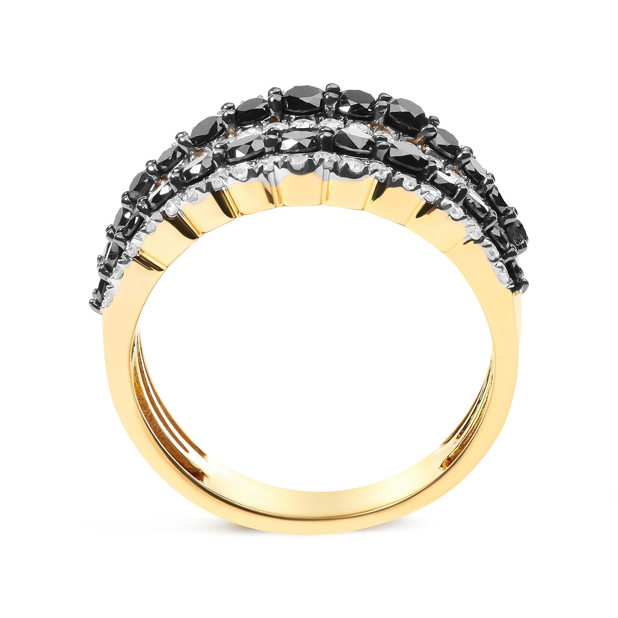 Anillo de plata de ley 925 bañado en oro amarillo de 14 quilates con diamantes blancos y negros de 1 3/4 quilates, alternados, de varias filas (color negro/IJ, claridad I2-I3) - Friggin Jewelry