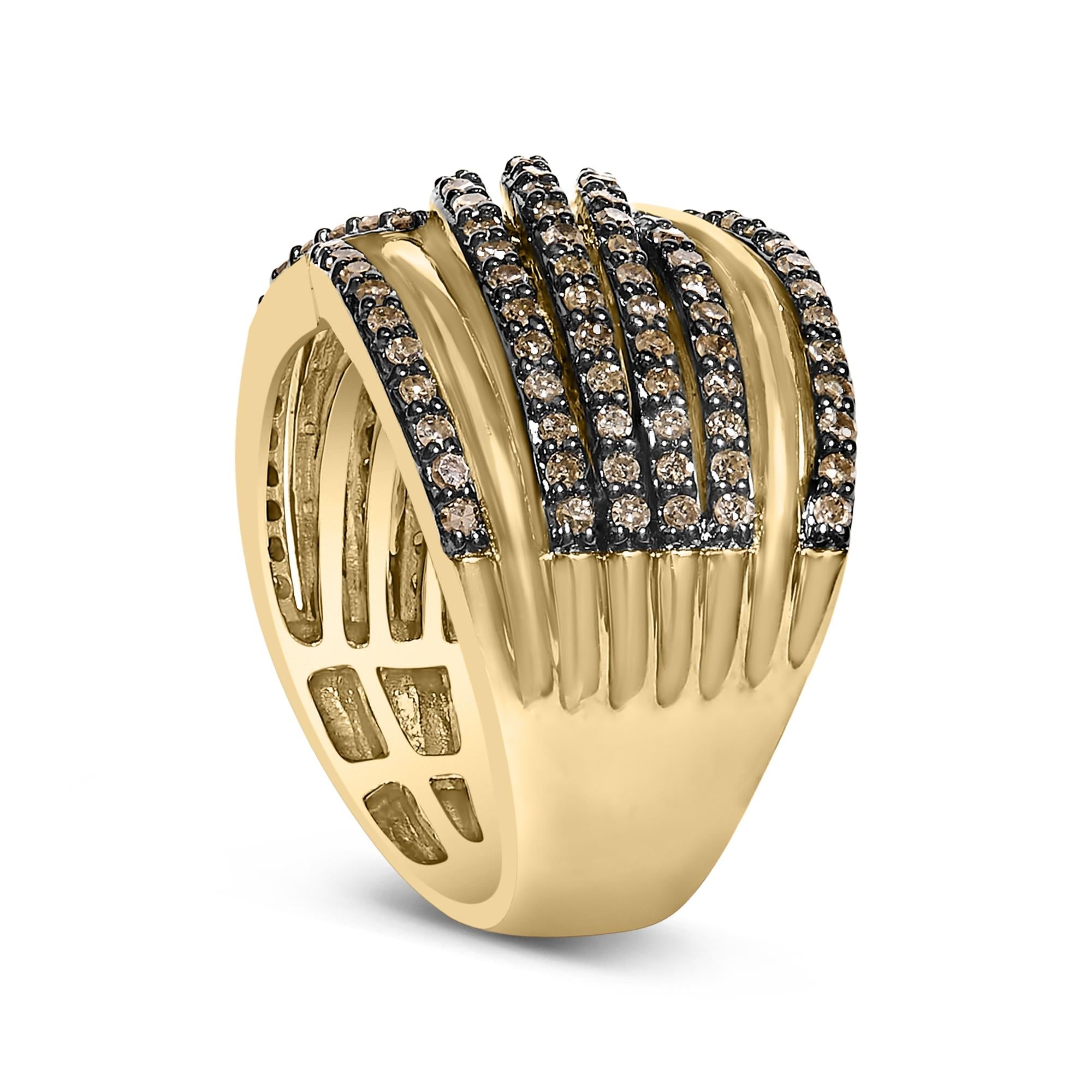 10K Yellow Gold Plated .925 Sterling Silver 1.0 Cttw Champagne Diamond Multi Row Cross Over Band Ring - Friggin Jewelry