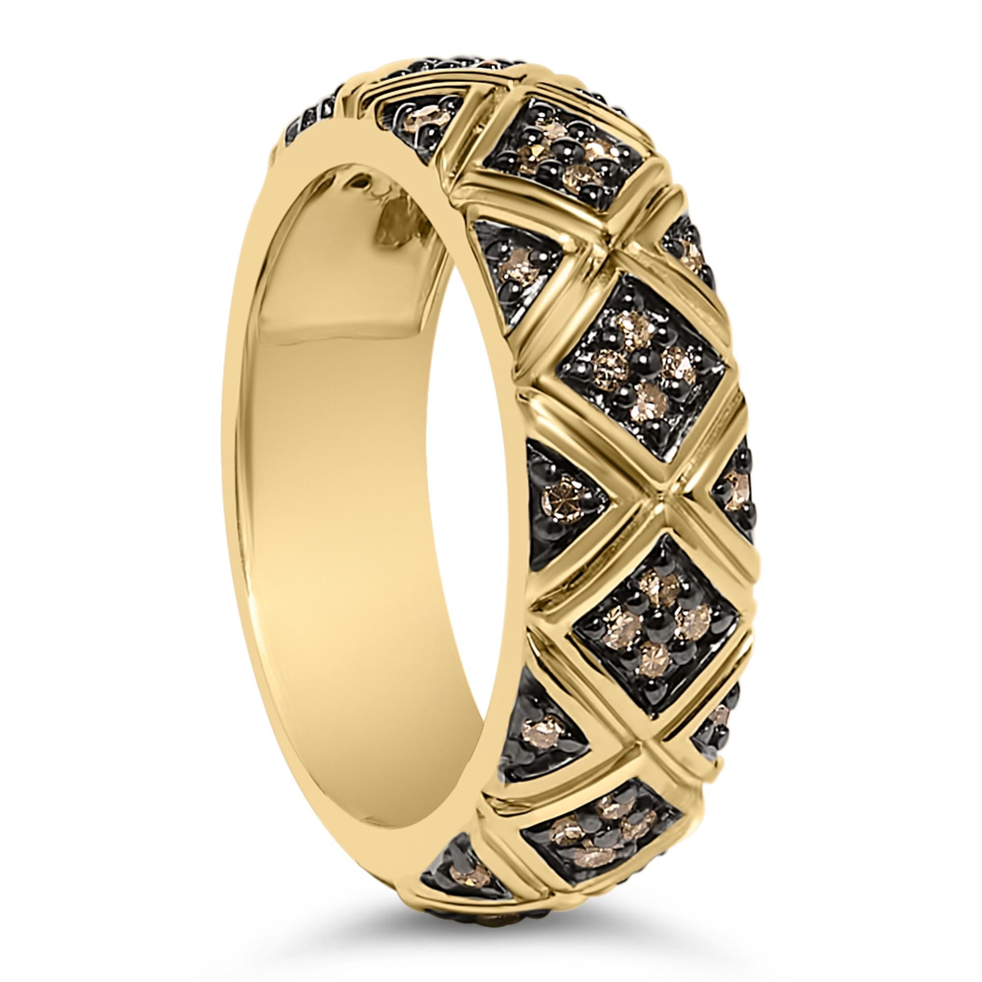 10K Yellow Gold Plated .925 Sterling Silver 3/8 Cttw Champagne Diamond Geometric Style Band Ring - Friggin Jewelry