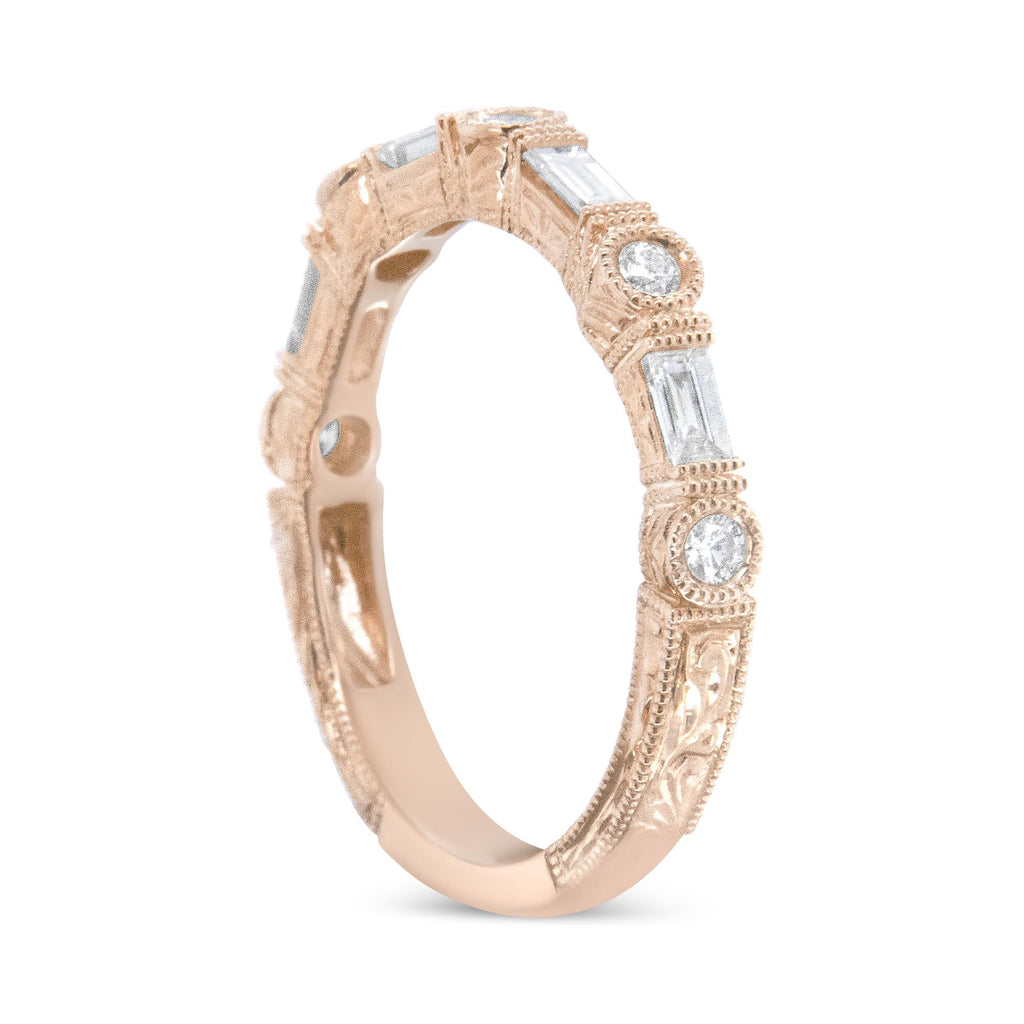 Anello nuziale in oro rosa 14 carati con diamanti taglio baguette e taglio rotondo da 3/8 ct - (colore HI, purezza VS1-VS2) - Friggin Jewelry