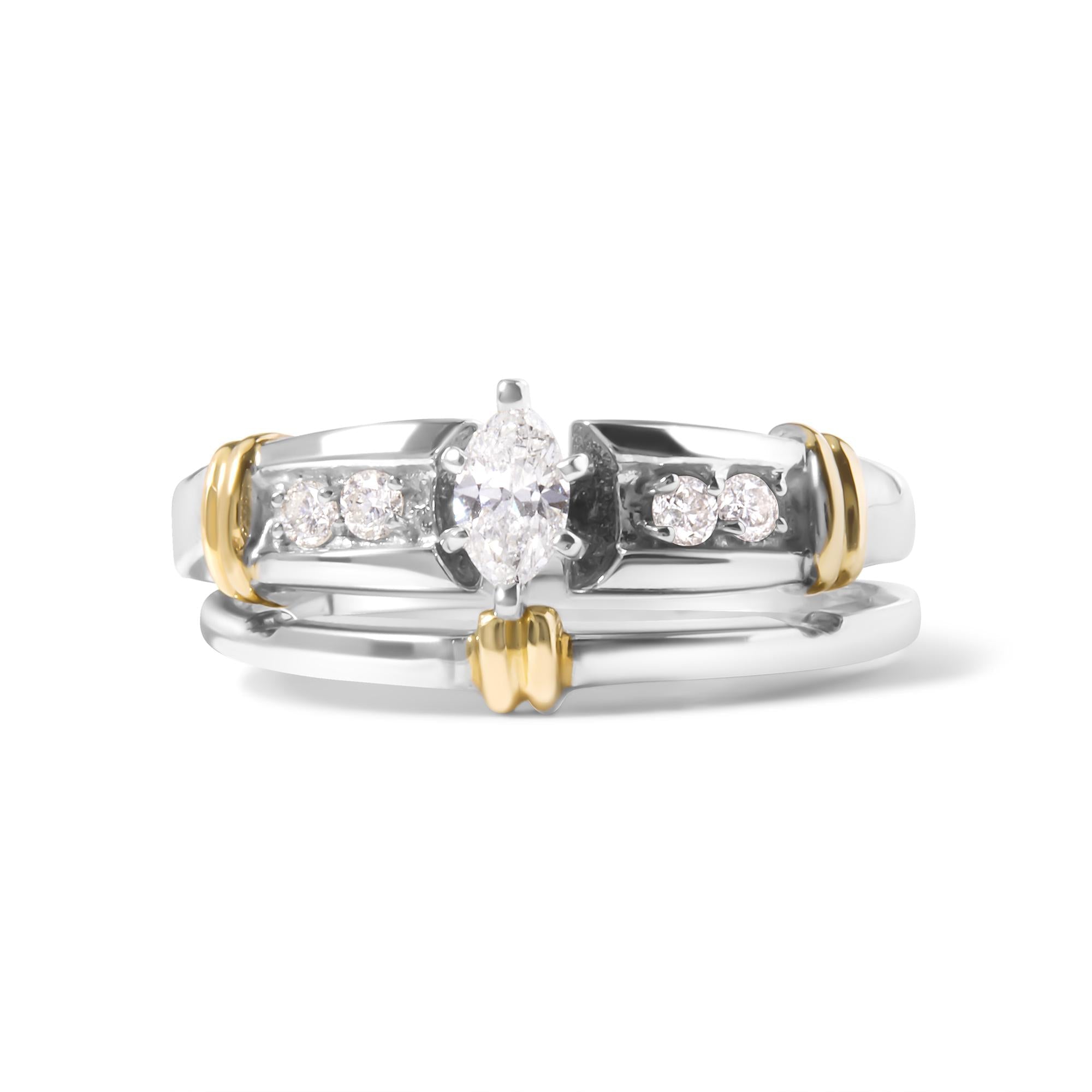 14K Yellow and White Gold 1/3 Cttw Marquise Diamond Cocktail Engagement Ring Set (H-I Color, SI1-SI2 Clarity) - Friggin Jewelry
