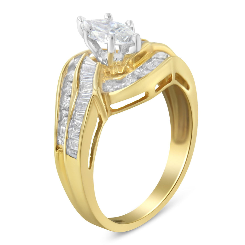 14KT Two-Toned Gold Marquise, Baguette and Round Cut Diamond Bypass Ring (1 cttw, H-I Color, SI1-SI2 Clarity) - Friggin Jewelry
