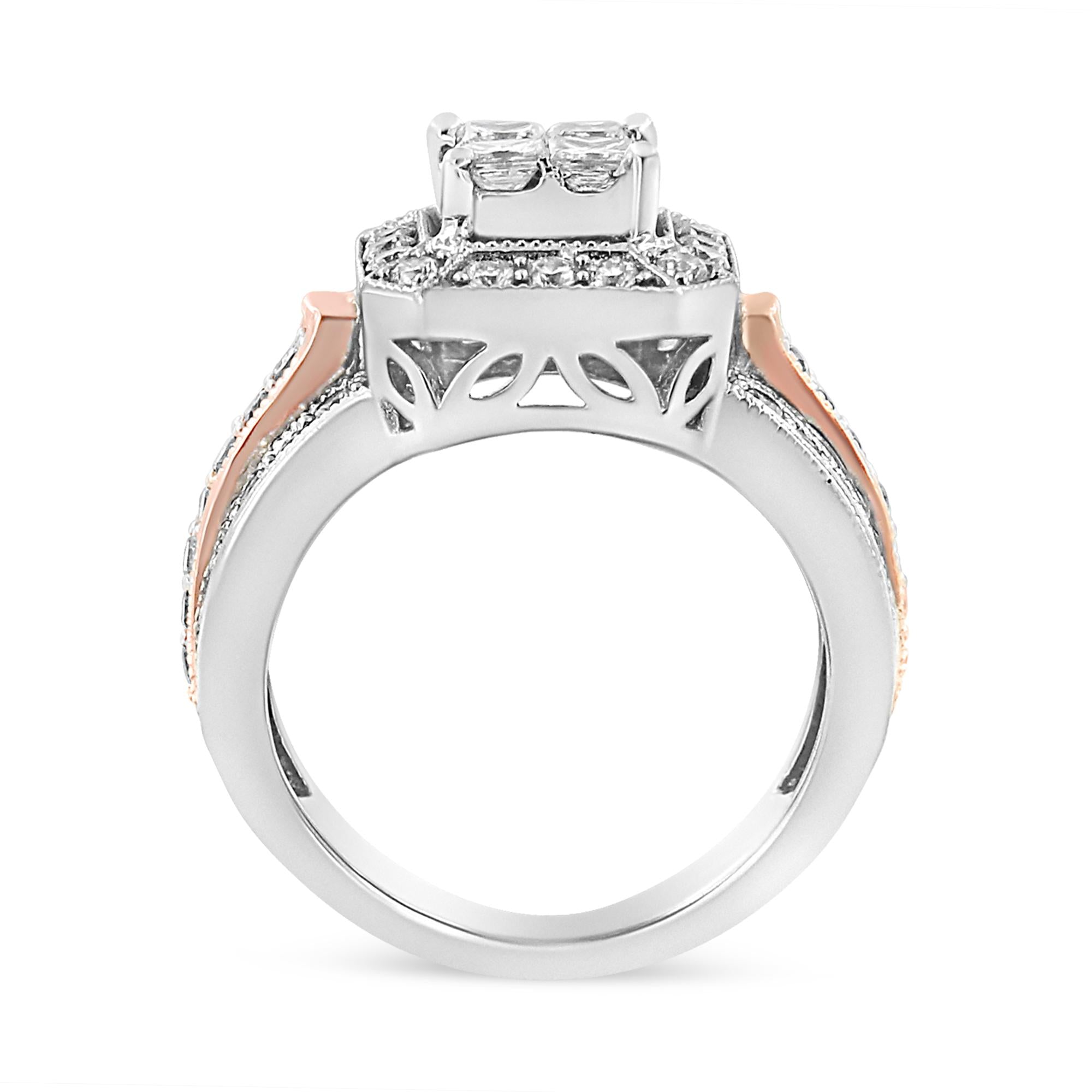 14K White and Rose Gold 1 1/8 Cttw Princess and Round-Cut Diamond Art Deco Style Triple Shank Halo Cocktail Ring (I-J Color, SI2-I1 Clarity) - Friggin Jewelry Premium