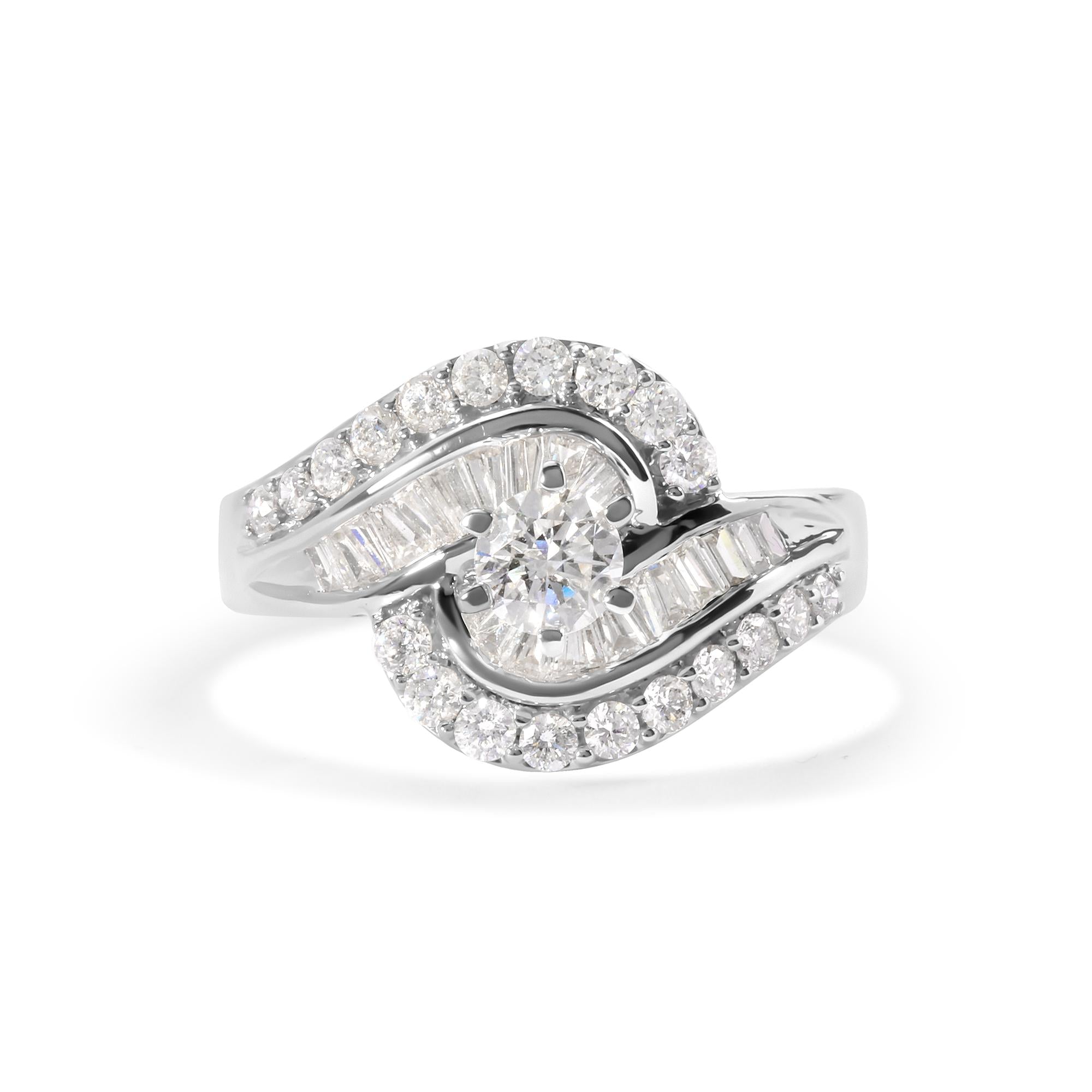 14K White Gold 1.00 Cttw Round and Baguette cut Diamond Swirl Cocktail Ring (H-I Color, SI2-I1 Clarity) - Friggin Jewelry