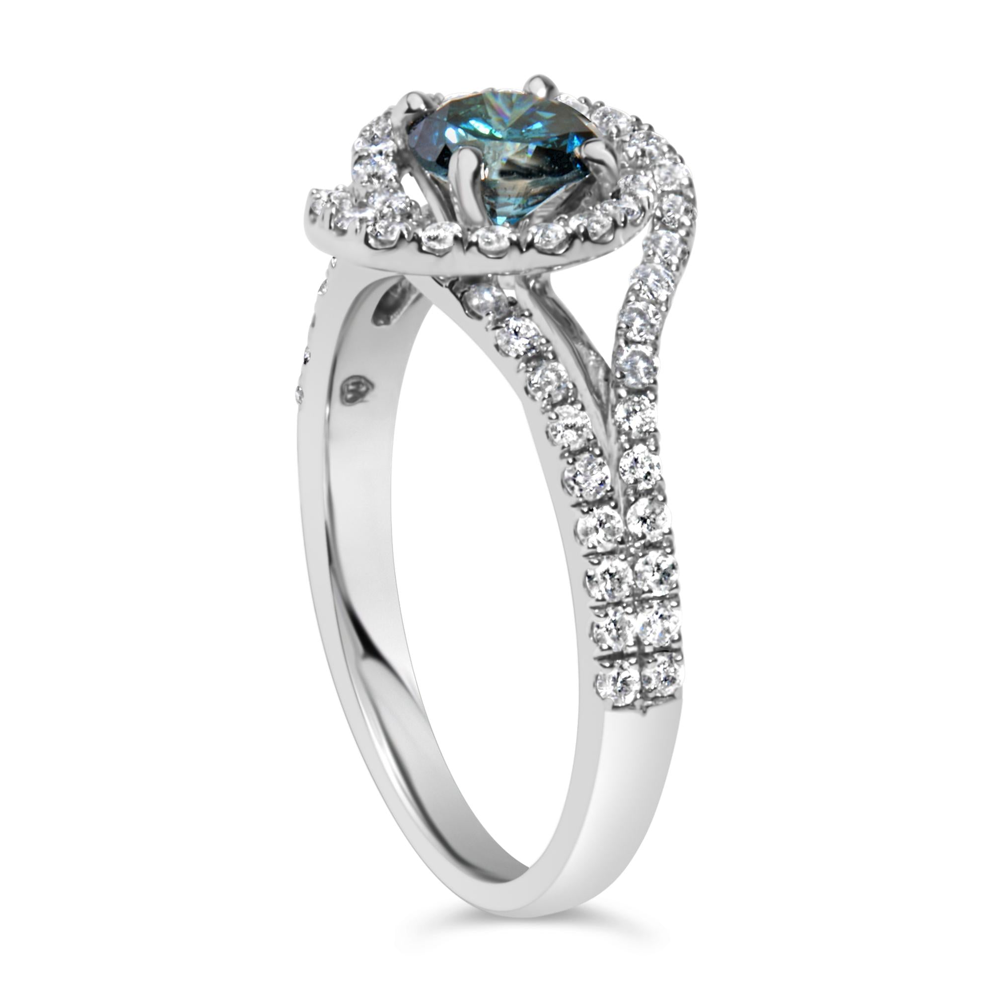 14K White Gold 1-1/3 Cttw White & Blue Diamond Interweaving Double Halo Cocktail Statement Ring (G-H and Fancy Blue Color, SI2-I1 Clarity) - Friggin Jewelry