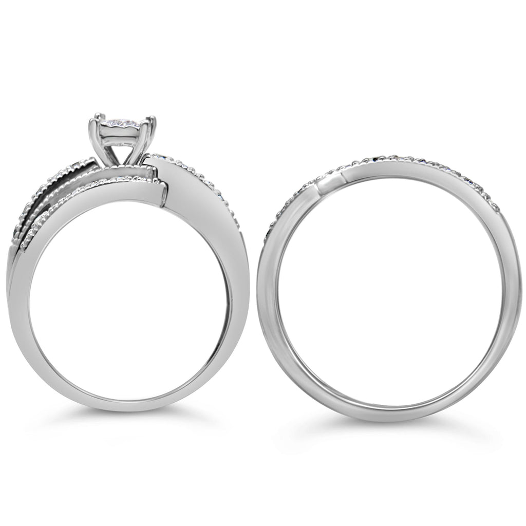.925 Sterling Silver 1/3 Cttw Round Diamond Crisscross Engagement Ring Bridal Set (H-I Color, I1-I2 Clarity ) - Friggin Jewelry