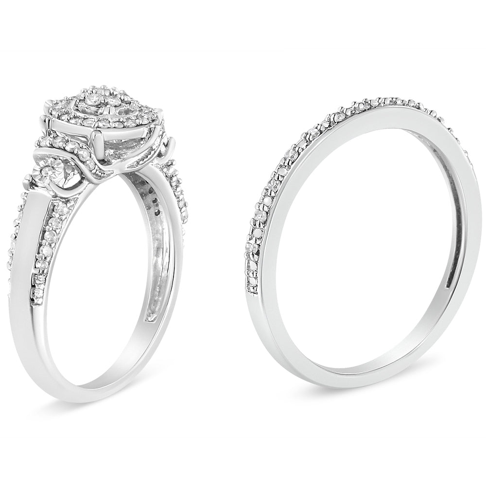 .925 Sterling Silver 1/3 Cttw Diamond 7 Stone Cluster and Halo Engagement Ring and Wedding Band Set (I-J Color, I1-I2 Clarity) - Friggin Jewelry