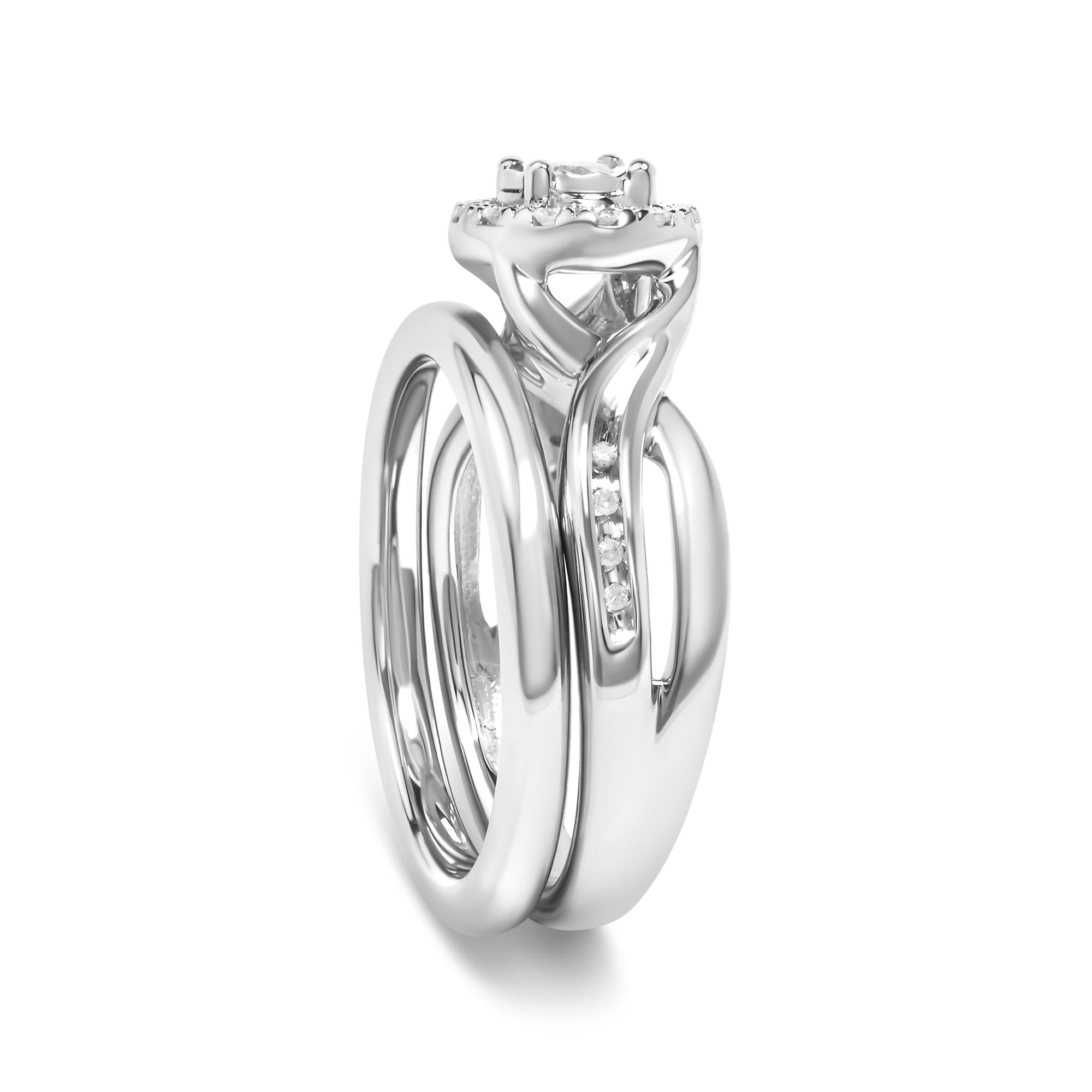 .925 Sterling Silver 1/7 Cttw Diamond Halo Bypass Engagement Ring and Wedding Band Set (I-J Color, I3 Clarity) - Friggin Jewelry